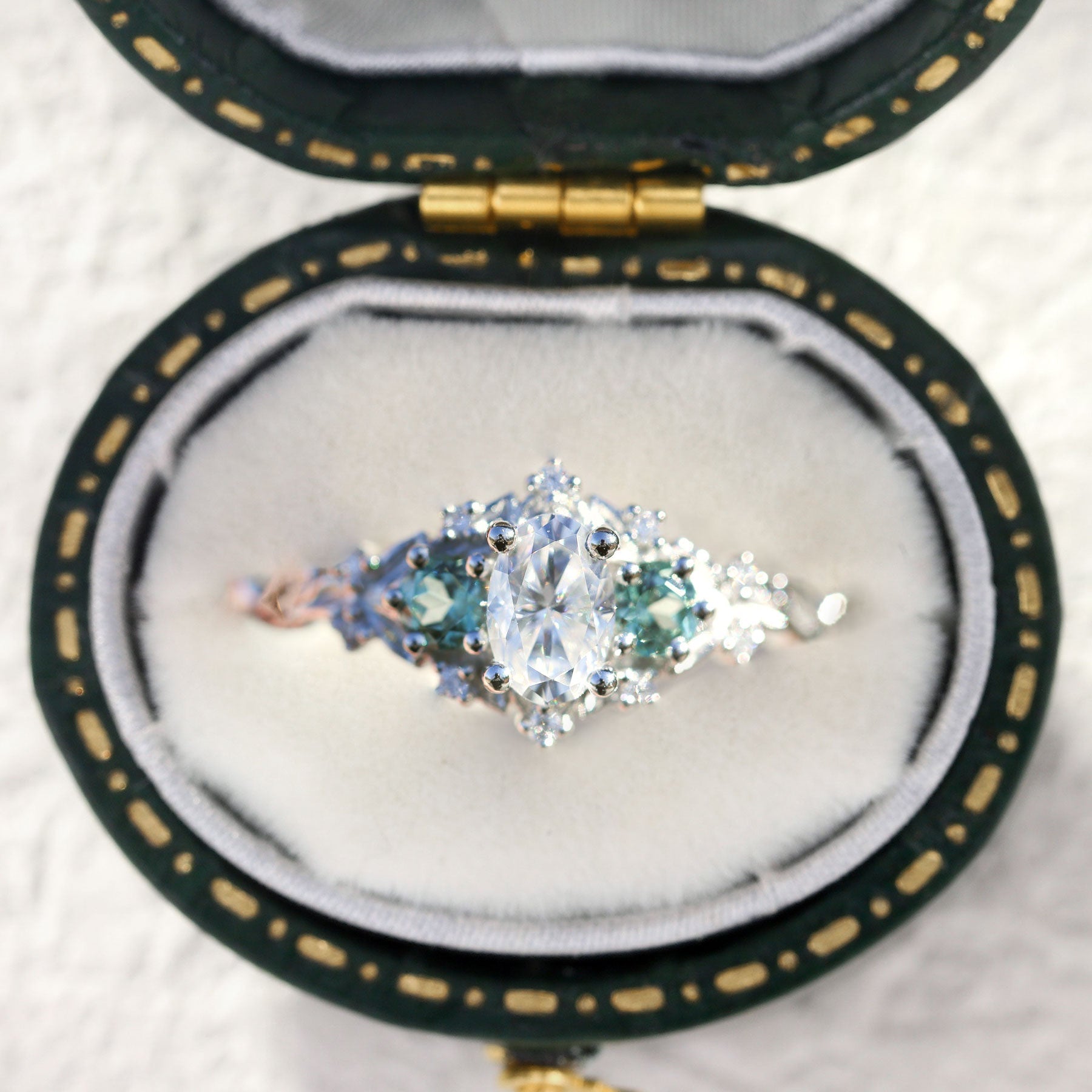 Unique Briar Rose Oval Moissanite and Light Green Lab Sapphire Ring - Oore Jewelry
