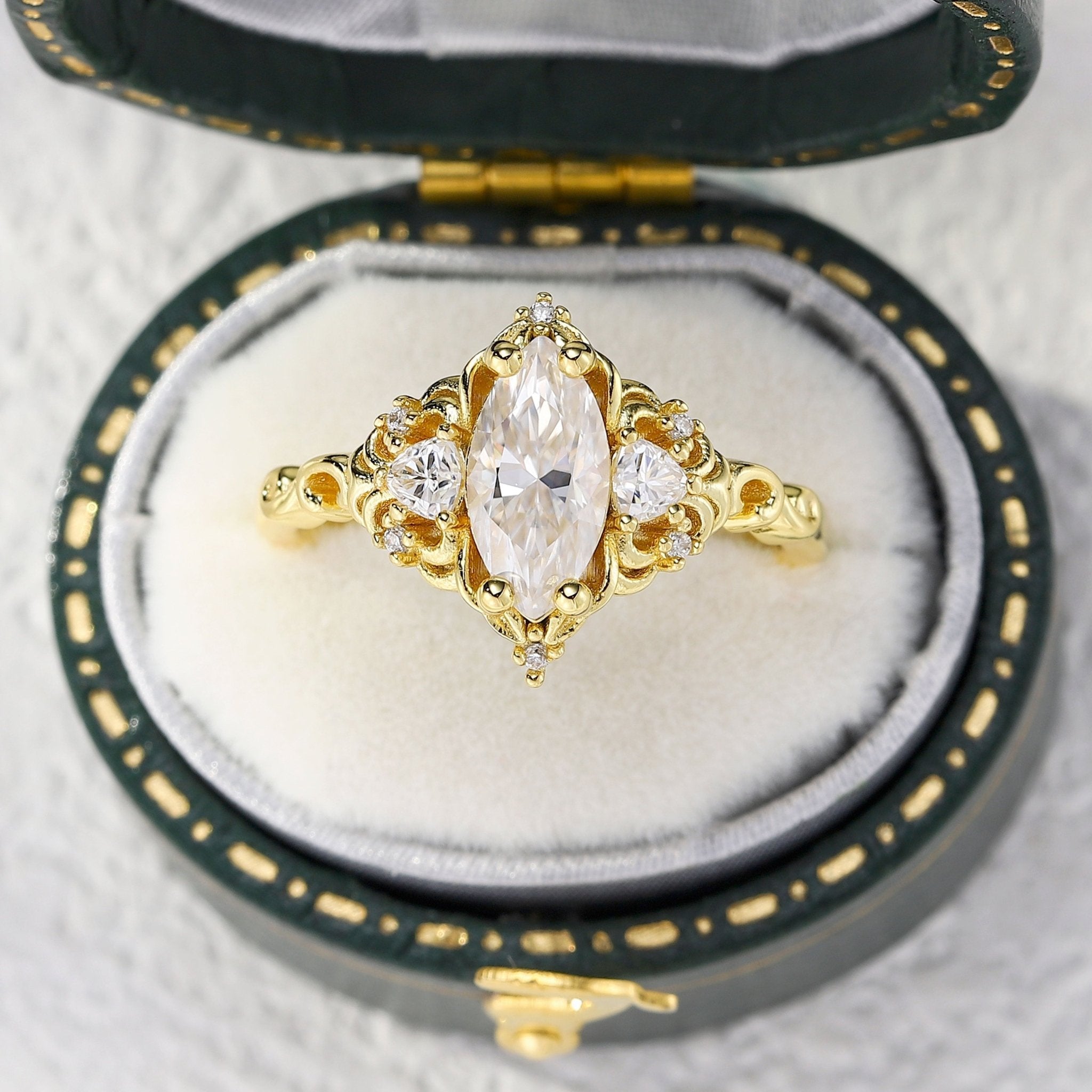 Unique Aurora Three Stone Marquise Moissanite Ring - Oore Jewelry