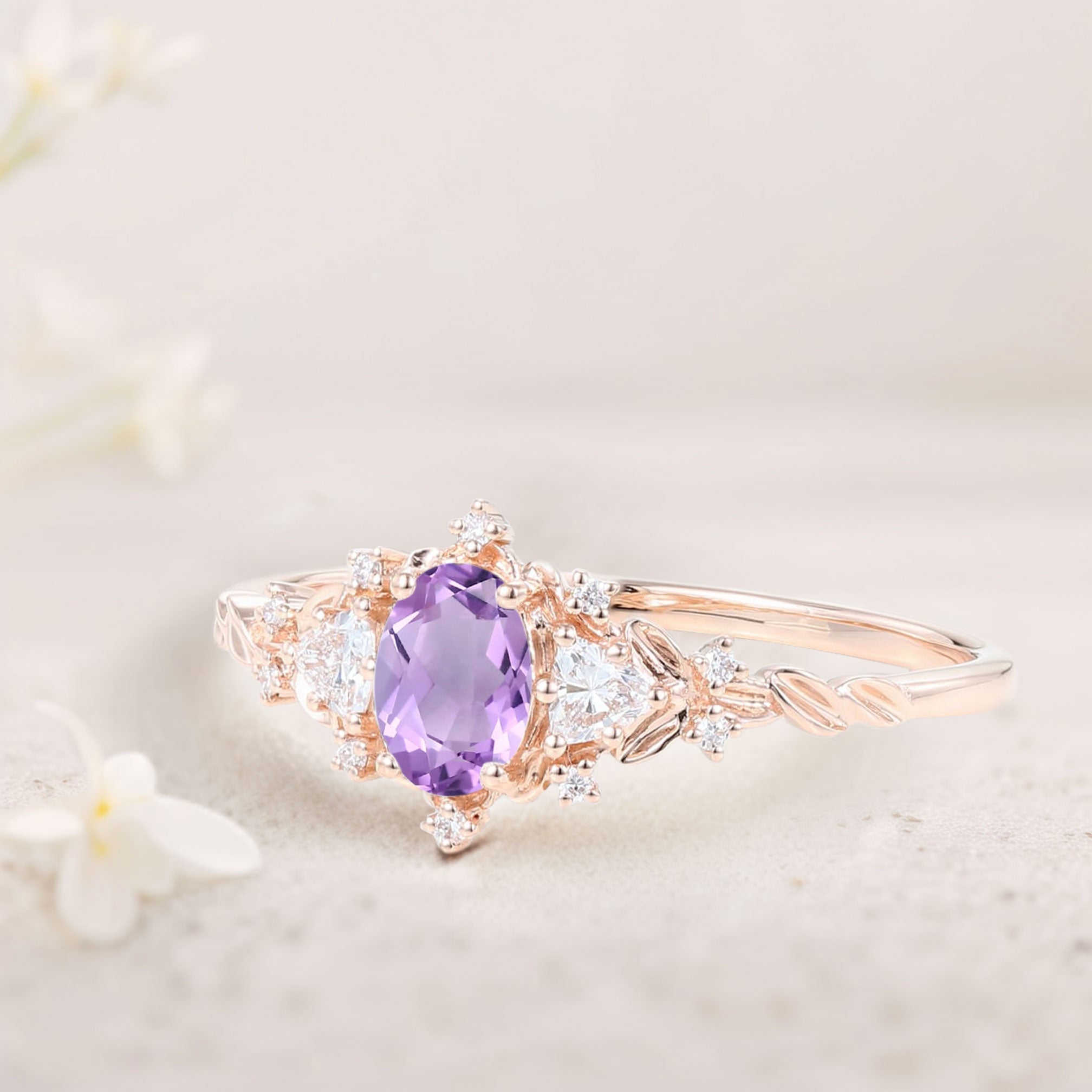 Vintage Briar Rose Oval Amethyst Olive Leaves Engagement Ring - Oore Jewelry