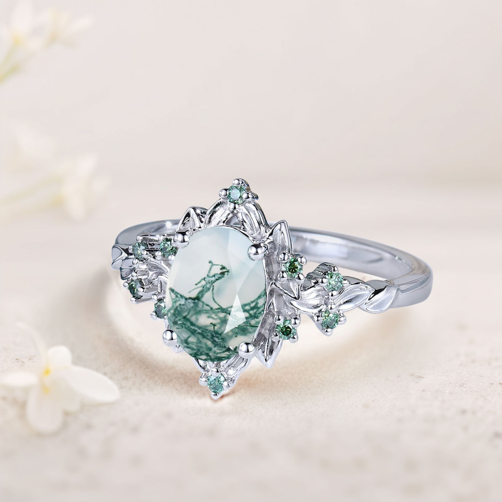 Vintage Briar Rose Oval Moss Agate Engagement Ring Olive Leaves Ring - Oore Jewelry