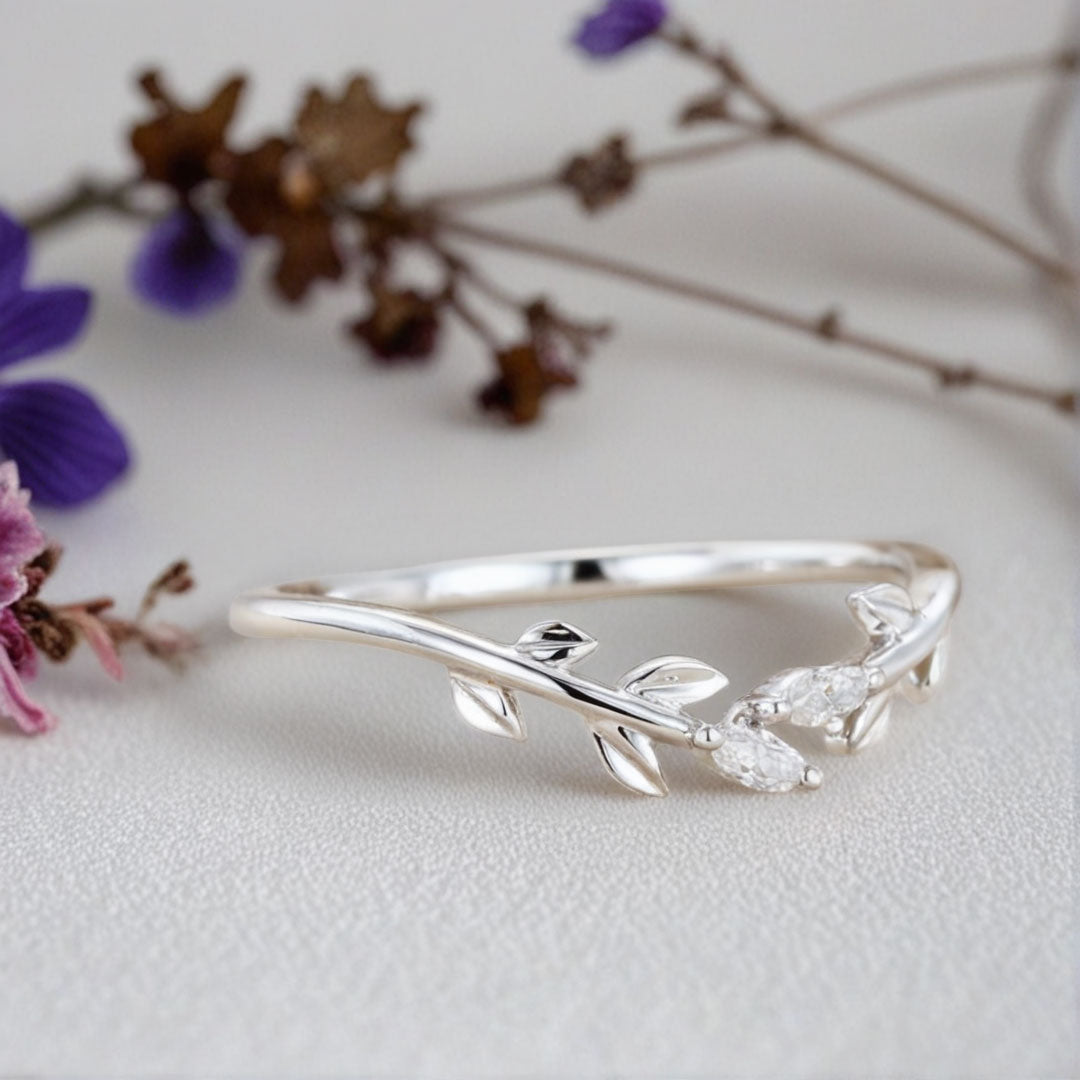 Unique Marquise Moissanite Wedding Band Leaf Moissanite Engagement Ring - Oore Jewelry