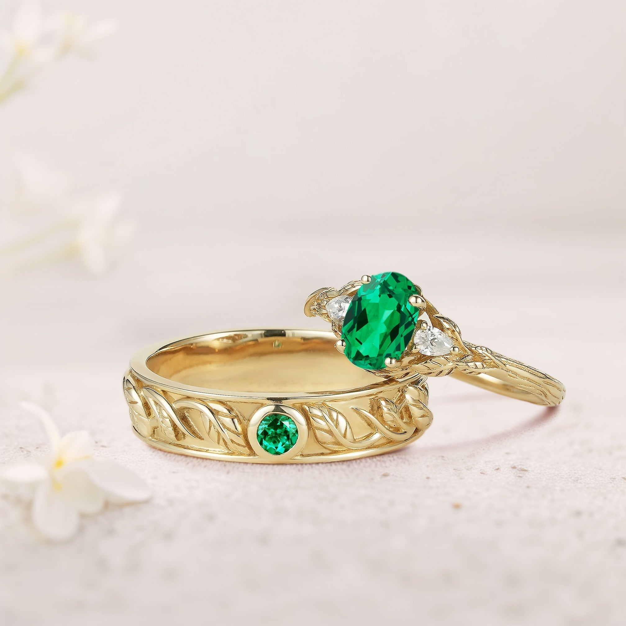 Unique Leaf Design Oval Lab Emerald and Moissanite Wedding Ring Promise Ring for Couples - Oore Jewelry