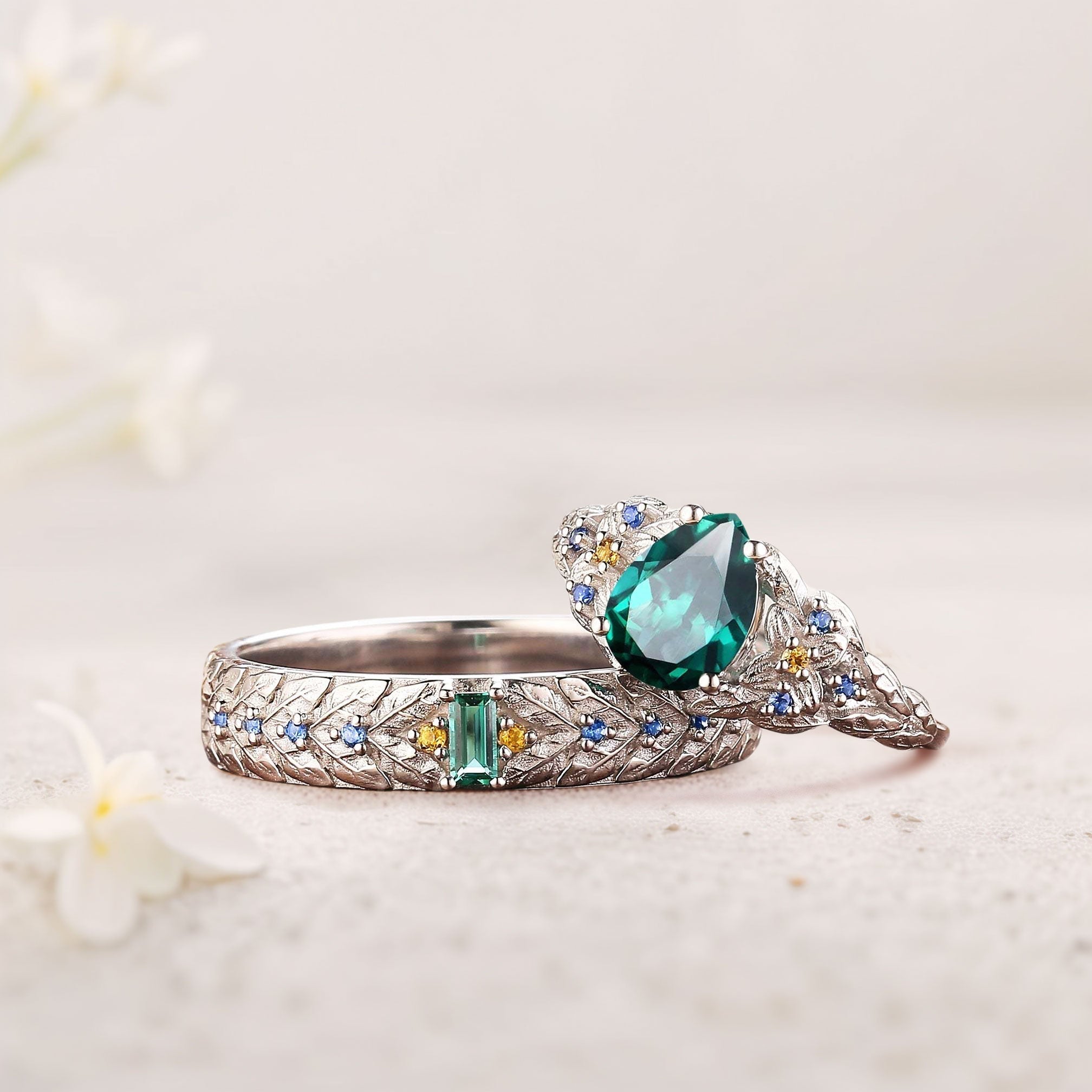 Unique Pear Lab Emerald His and Hers Matching Wedding Ring Set - Oore Jewelry