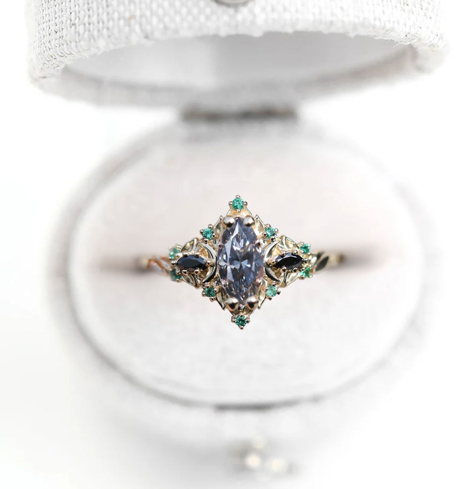 Unique Briar Moon Three Stone Marquise Grey Moissanite and Lab Emerald Ring - Oore Jewelry