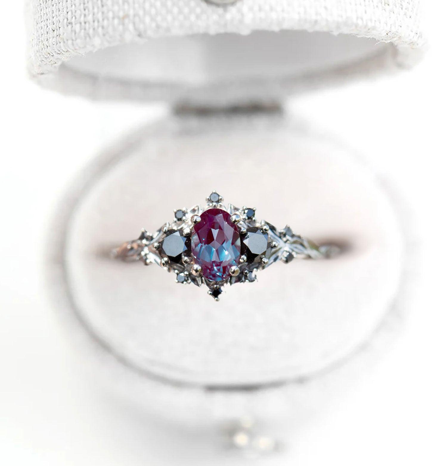 Unique Briar Rose Three Stone Oval Lab Alexandrite and Black Moissanite Ring - Oore Jewelry