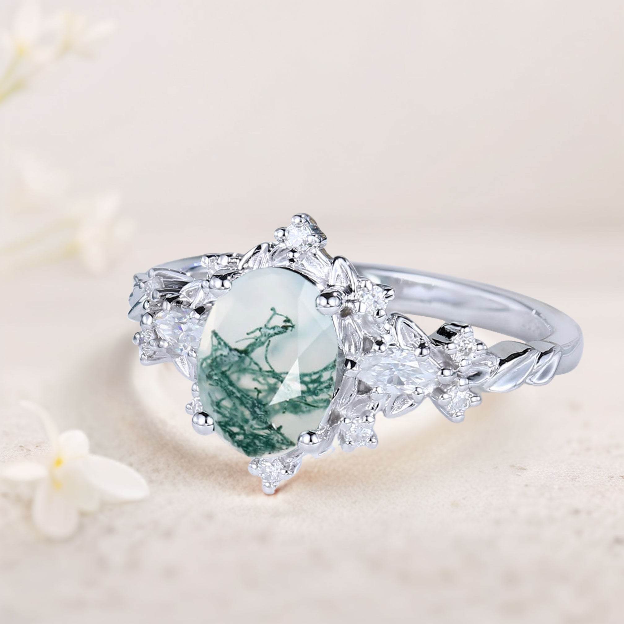 Vintage Briar Rose Oval Moss Agate Engagement Ring Vine Ring - Oore Jewelry
