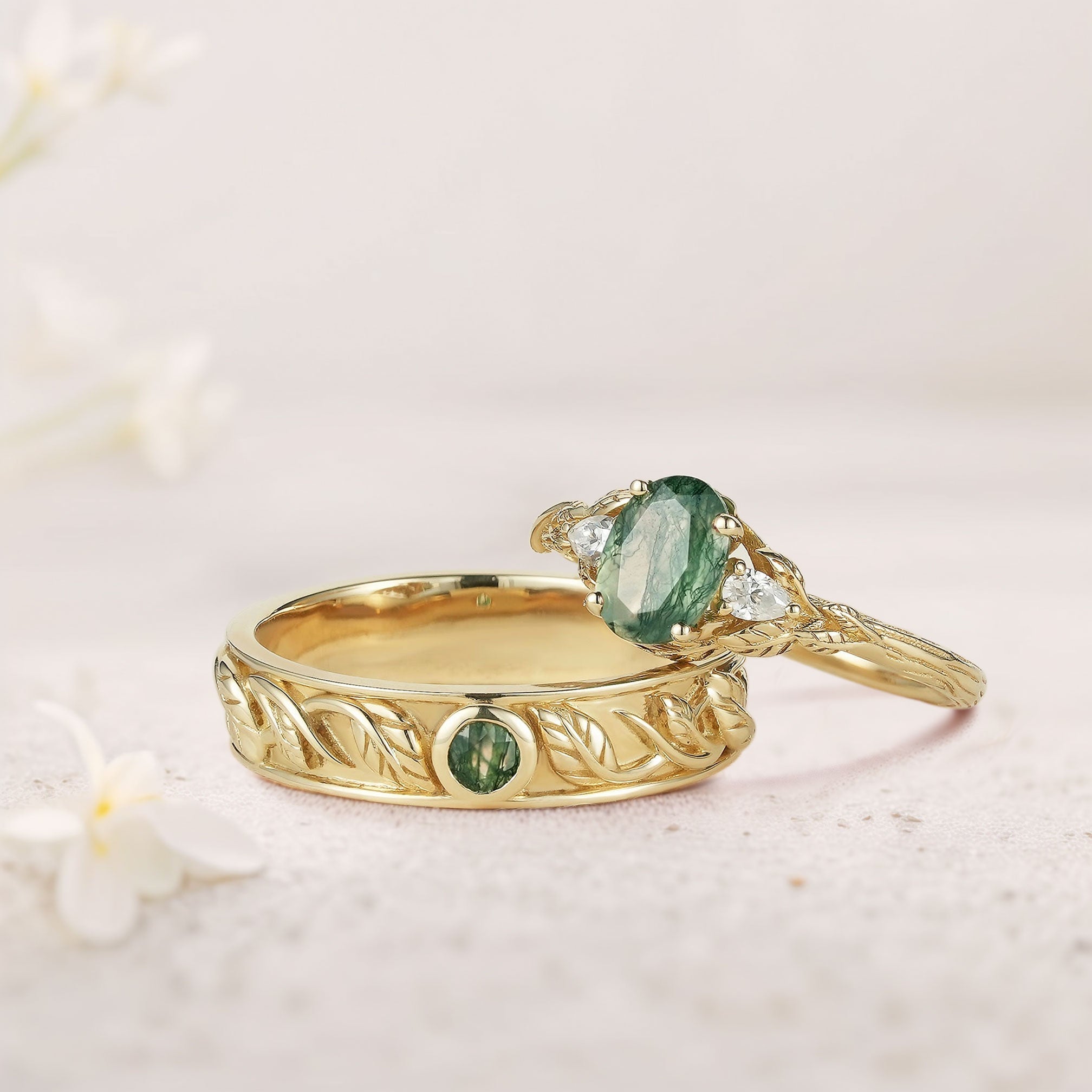 Unique Leaf Design Oval Moss agate and Moissanite Wedding Ring Promise Ring for Couples - Oore Jewelry