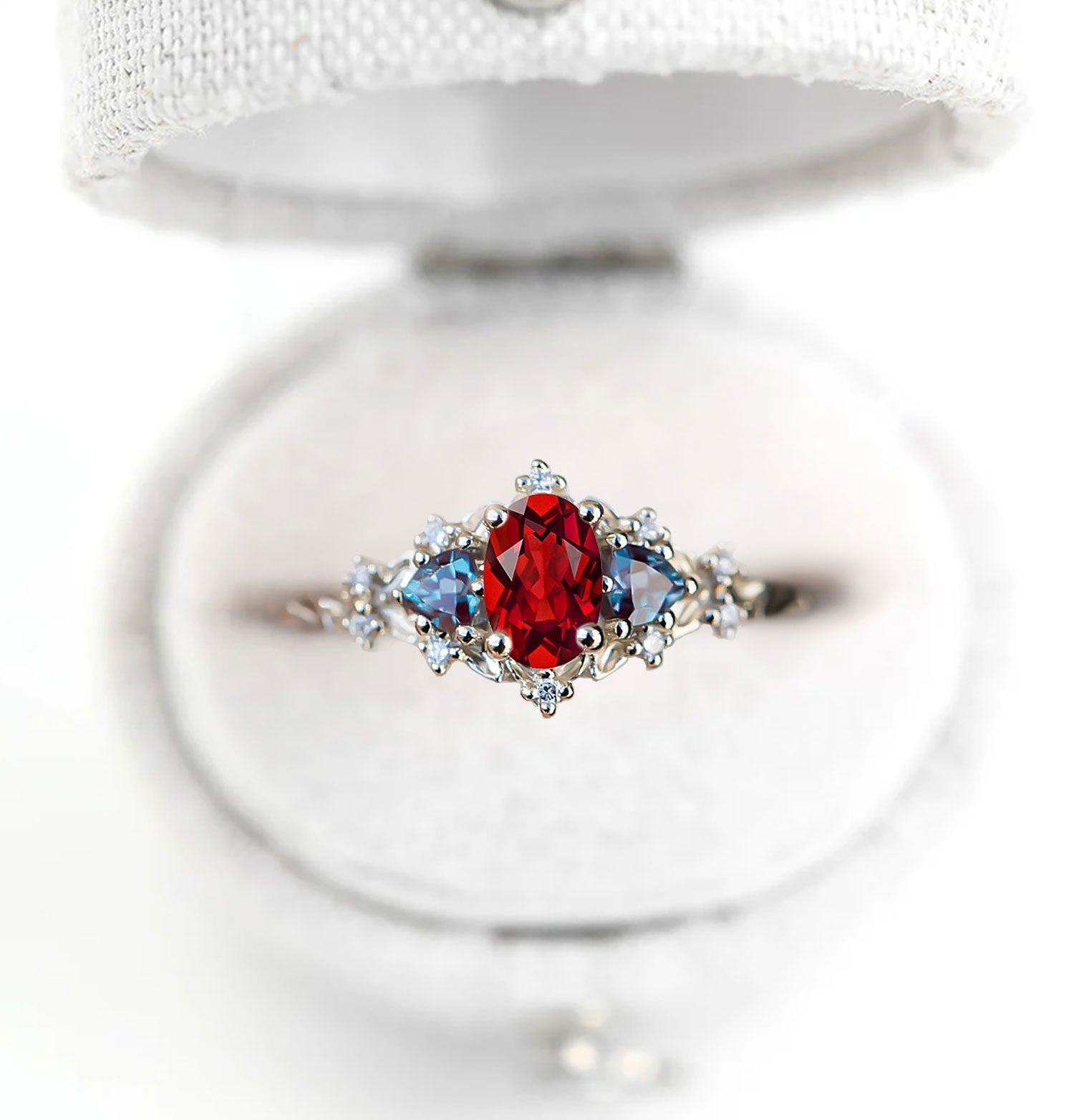 Unique Briar Rose Three Stone Oval Garnet and Lab Alexandrite Wedding Ring - Oore Jewelry