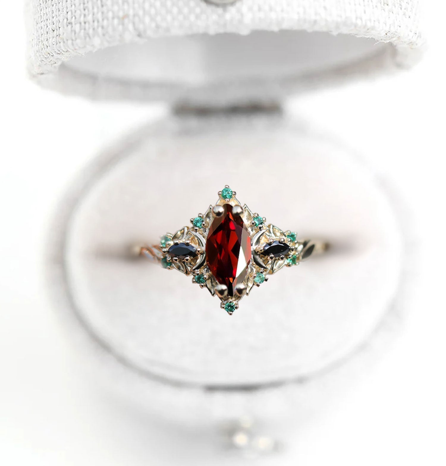 Unique Briar Moon Three Stone Marquise Garnet and Lab Emerald Ring - Oore Jewelry