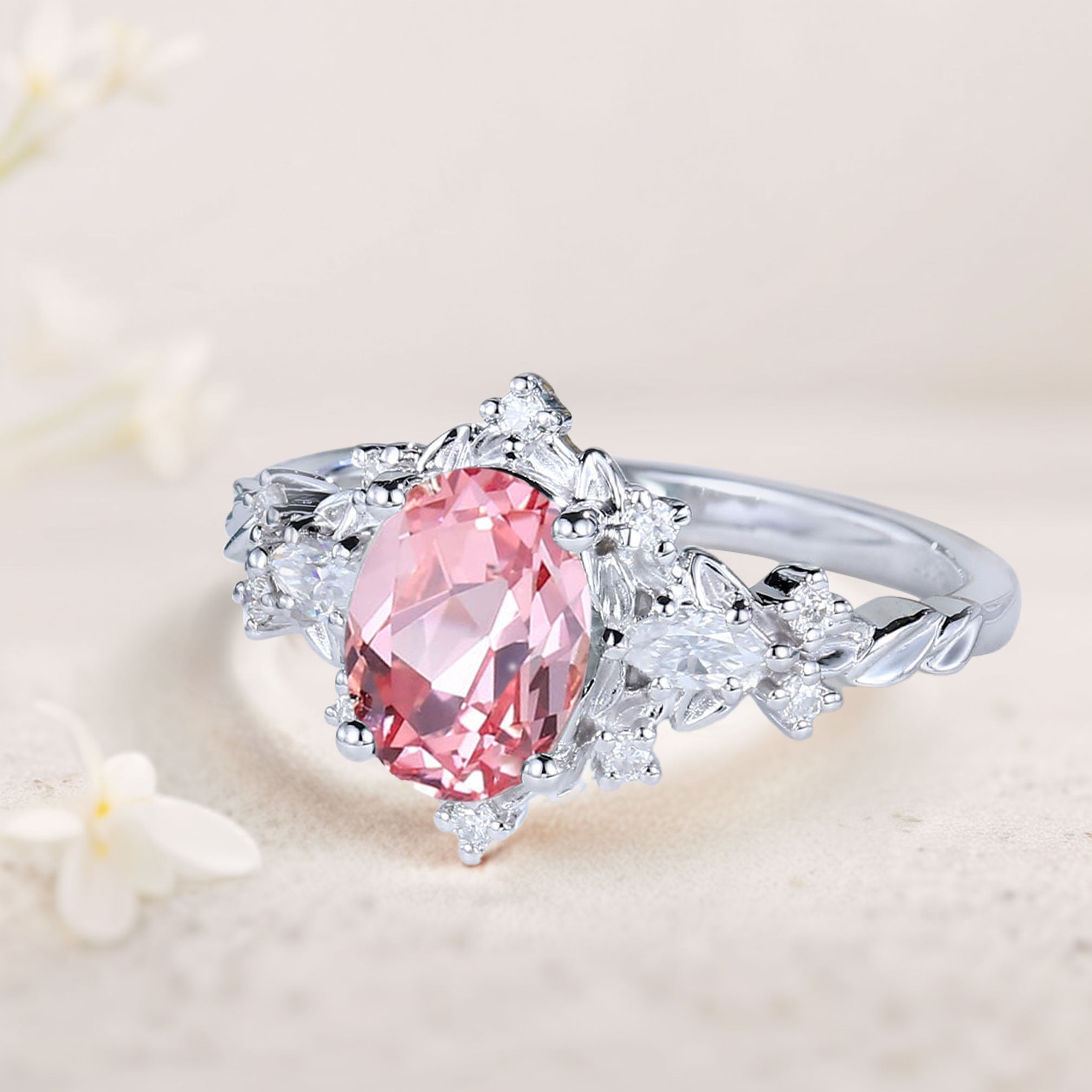 Vintage Briar Rose Oval Pink Lab Padparadscha Engagement Ring Vine Ring - Oore Jewelry