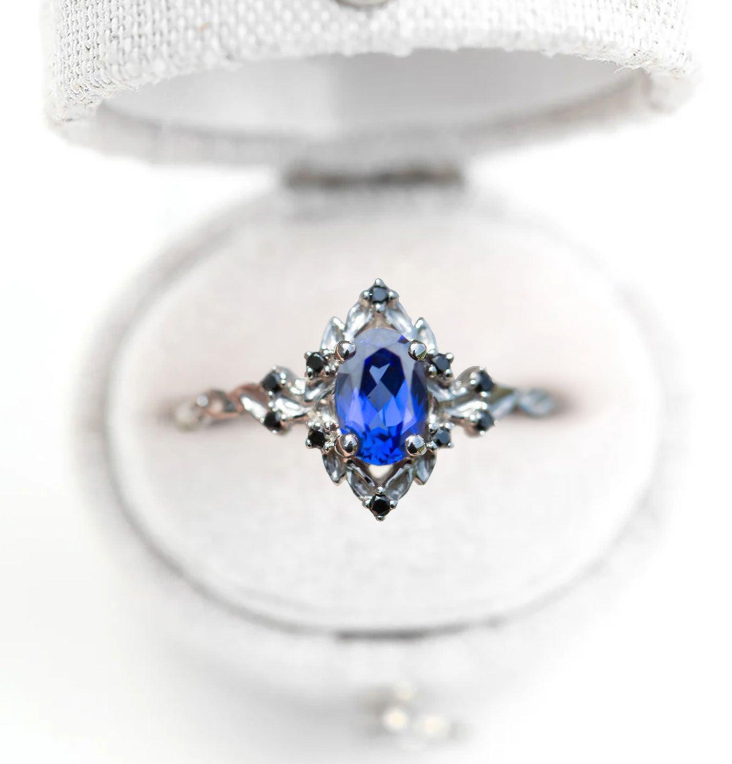 Unique Briar Rose Oval Lab Sapphire and Black Moissanite Ring - Oore Jewelry