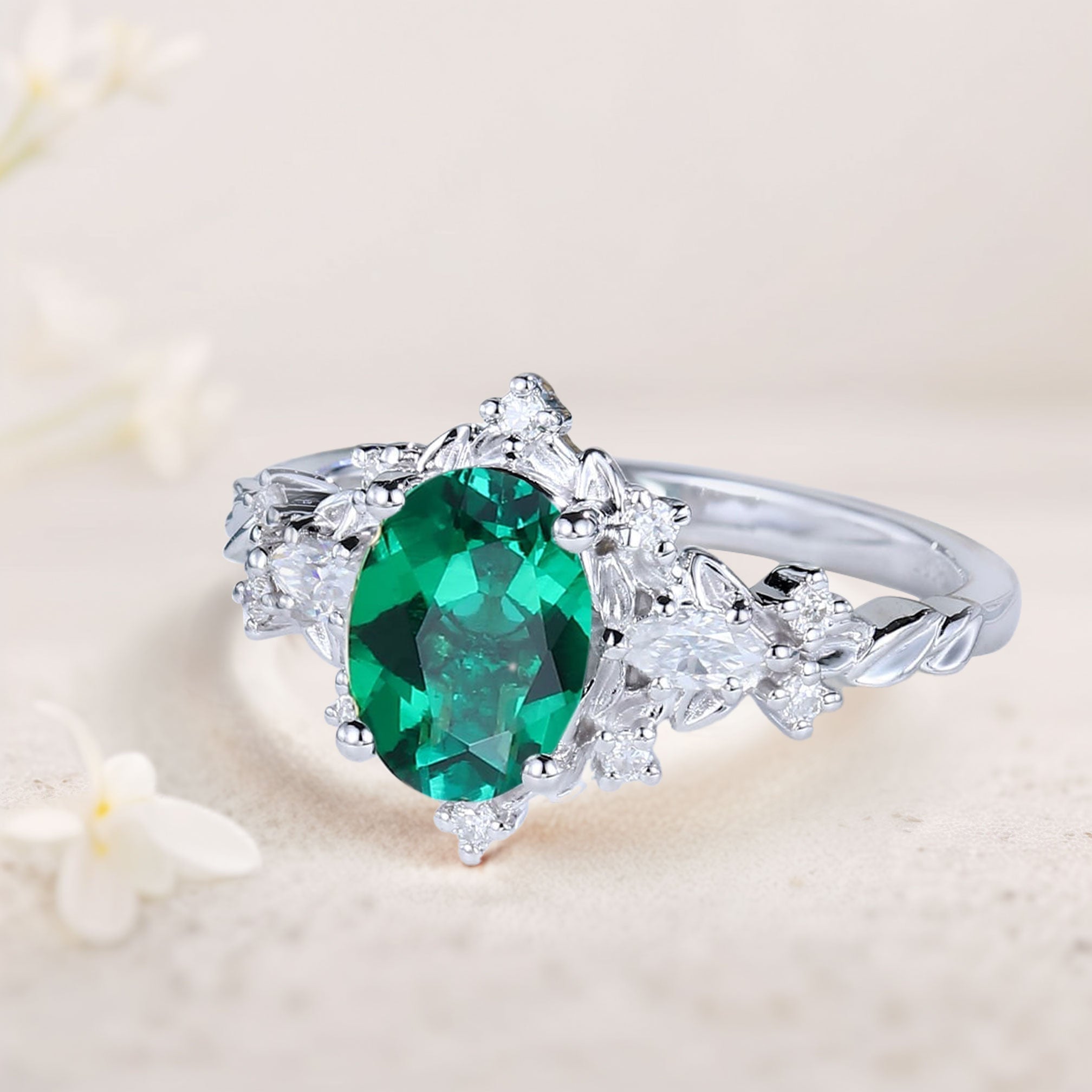Vintage Briar Rose Oval Lab Emerald Engagement Ring Vine Ring - Oore Jewelry