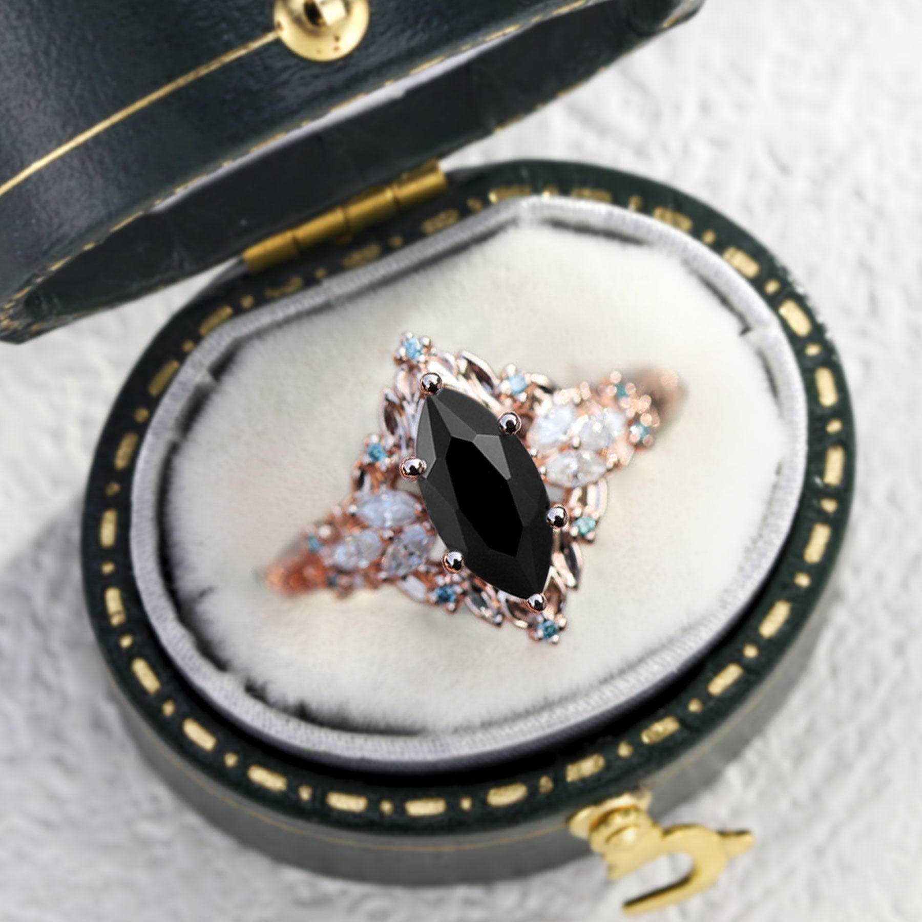 Unique Briar Rose Starlight Marquise Black Onyx Ring - Oore Jewelry