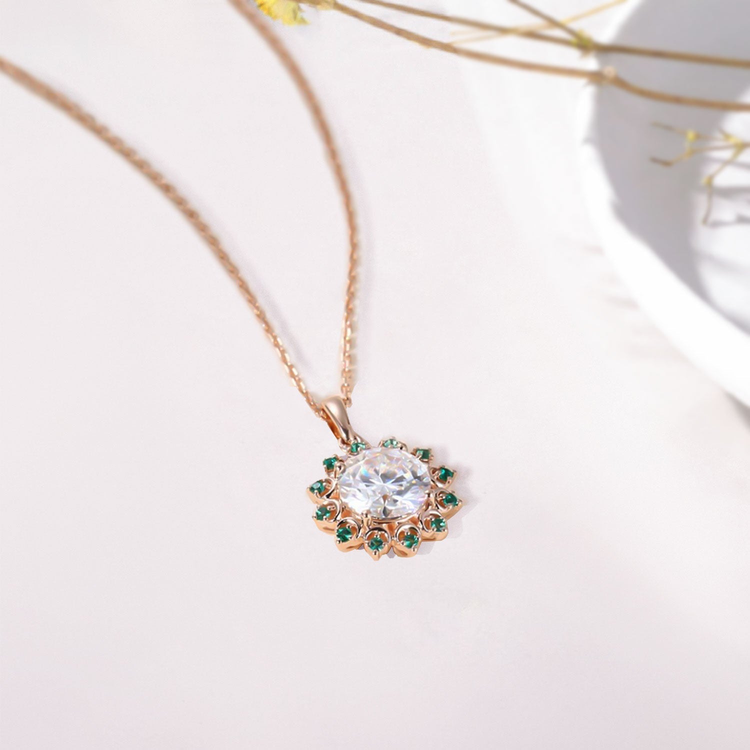 Unique Halo Accented Round Moissanite and Lab Emerald Pendant Necklace - Oore Jewelry