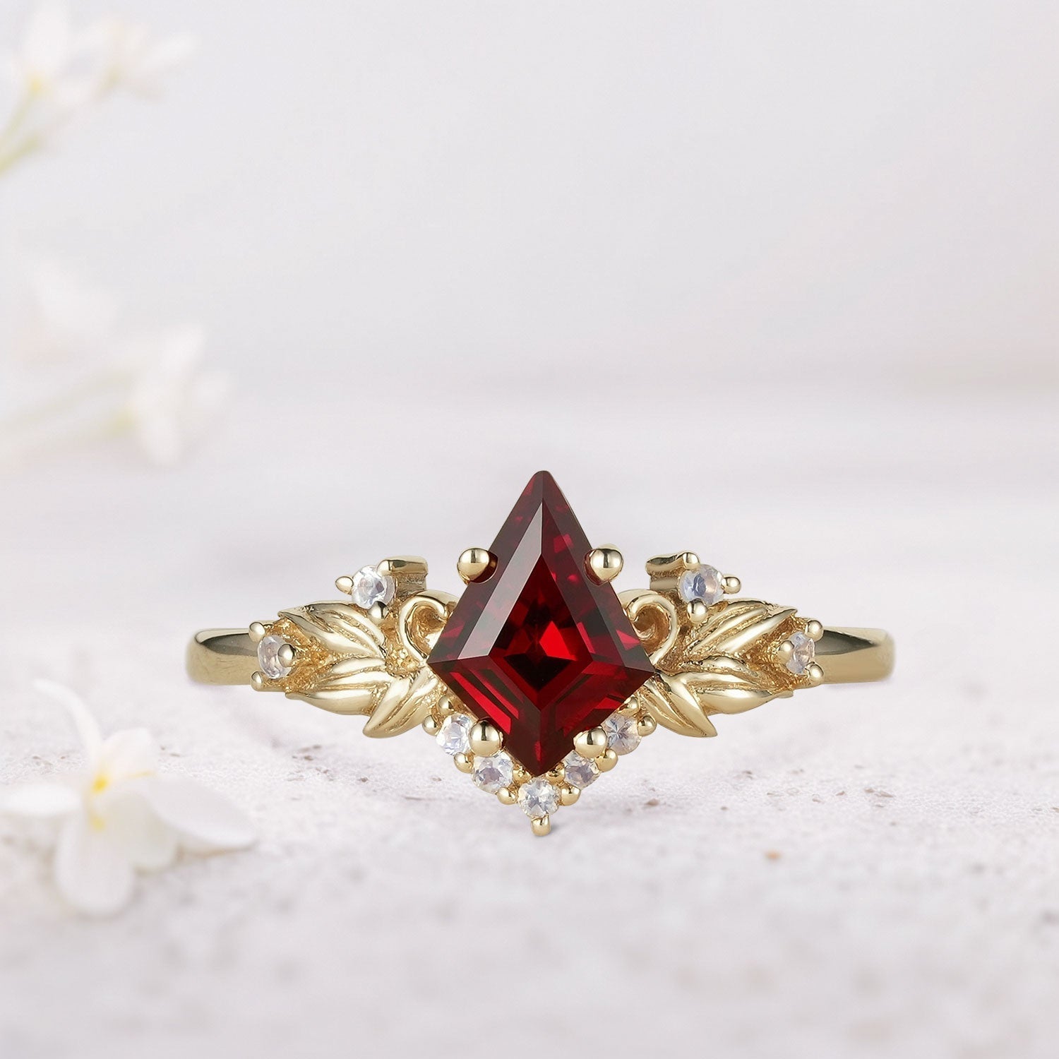 Unique Kite Lab Ruby and Lab Moonstone Cluster Leaf Ring - Oore Jewelry