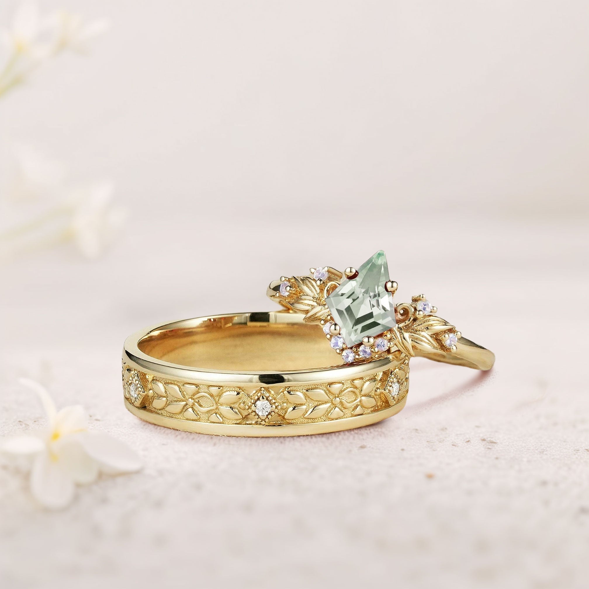 Vintage Kite Green Lab Sapphire Promise Ring Engagement Ring Set for Couples - Oore Jewelry