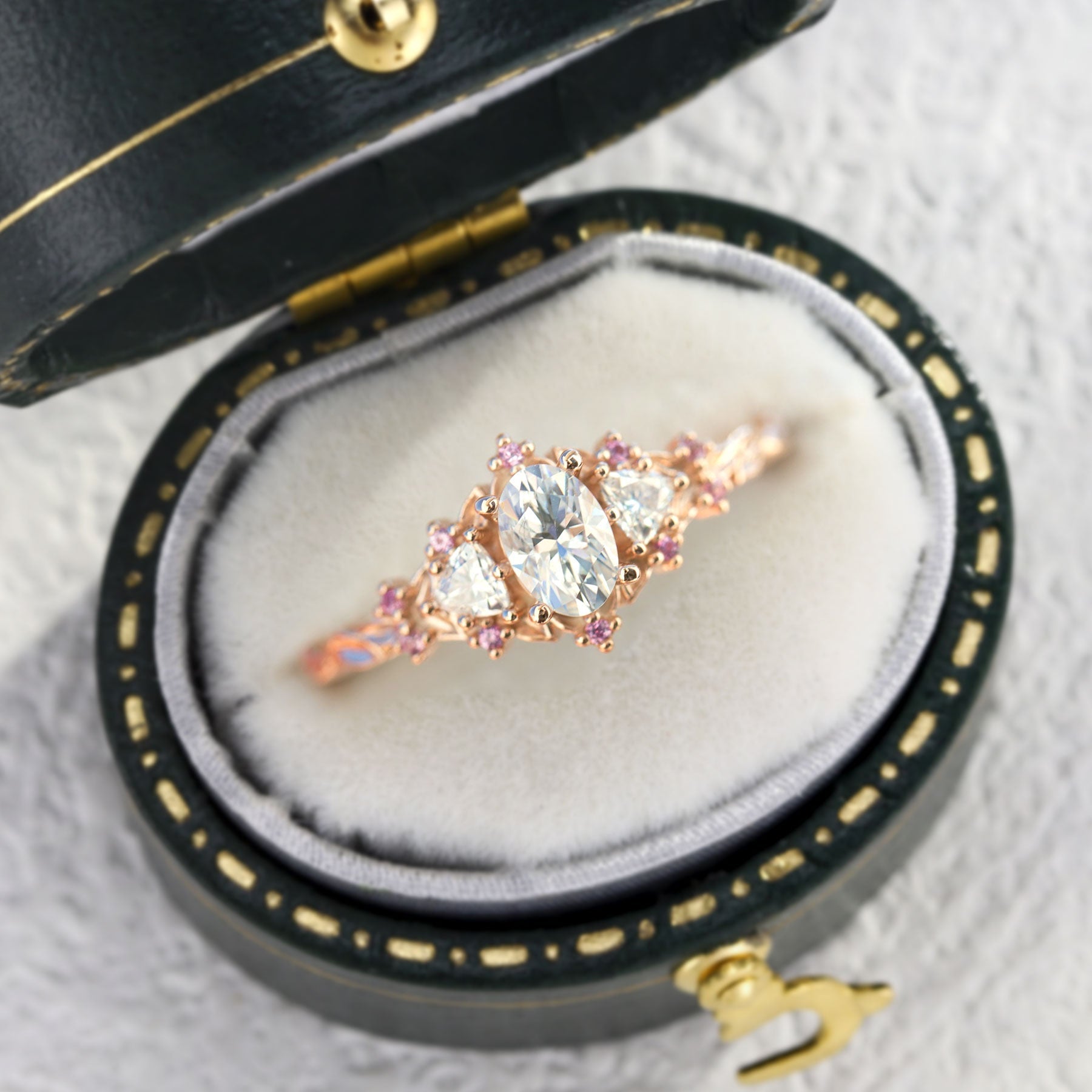 Unique Briar Rose Three Stone Oval Moissanite and Pink Sapphire Ring - Oore Jewelry