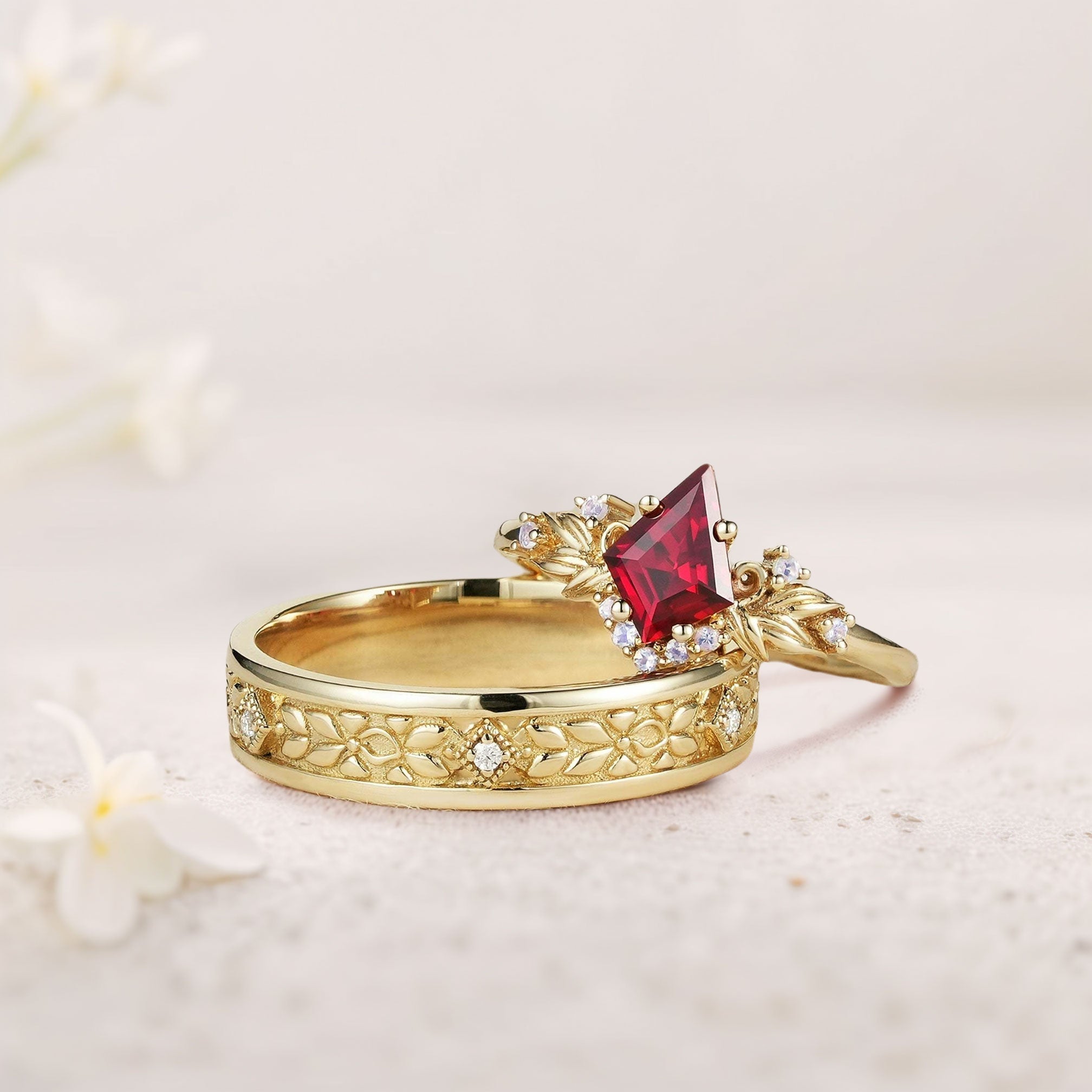 Vintage Kite Lab Ruby Promise Ring Engagement Ring Set for Couples - Oore Jewelry