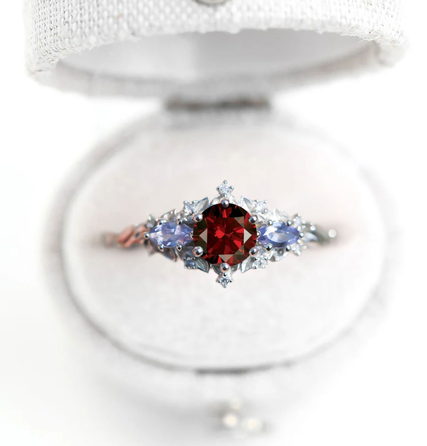 Unique Briar Rose Three Stone Round Garnet and Lab Tanzanite Anniversary Ring - Oore Jewelry