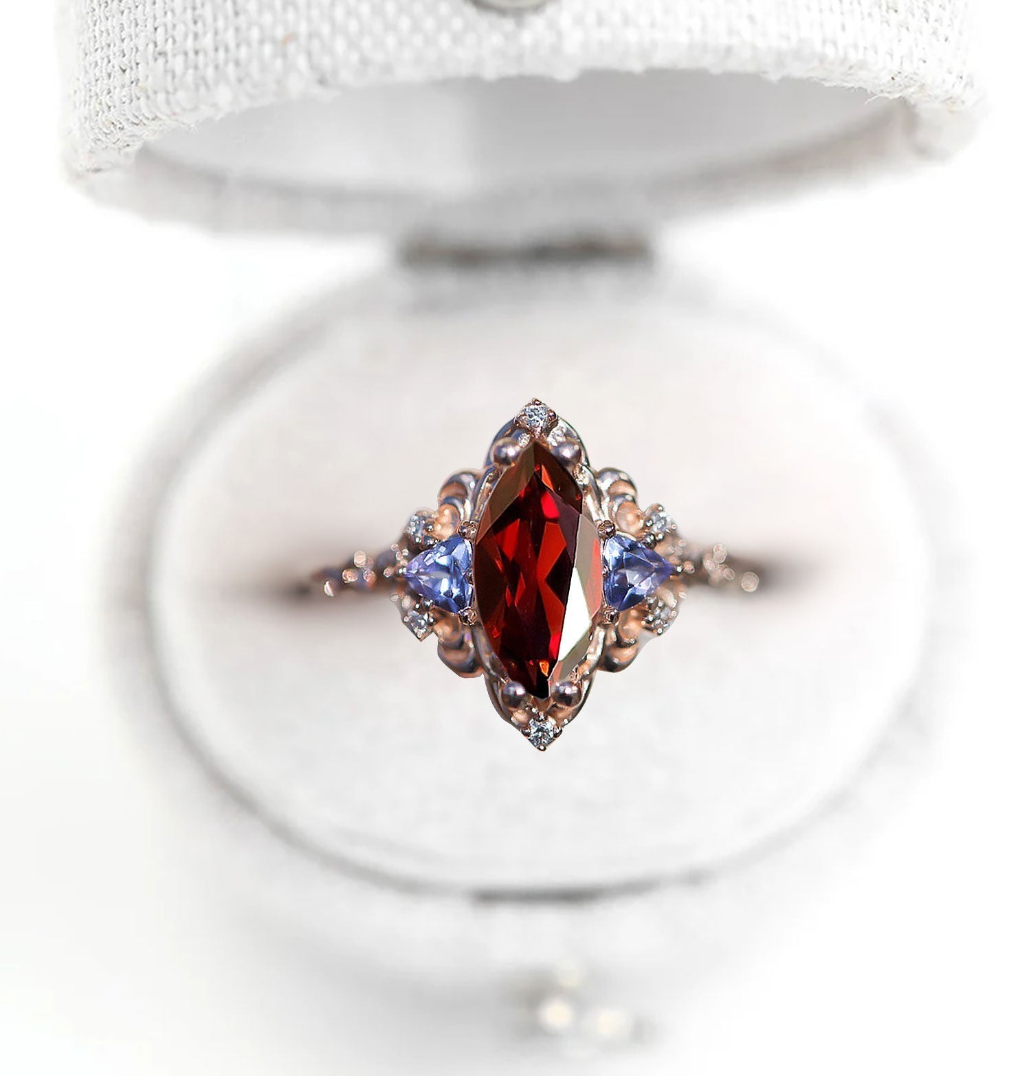 Unique Aurora Three Stone Marquise Garnet and Color Moissanite Anniversary Ring - Oore Jewelry