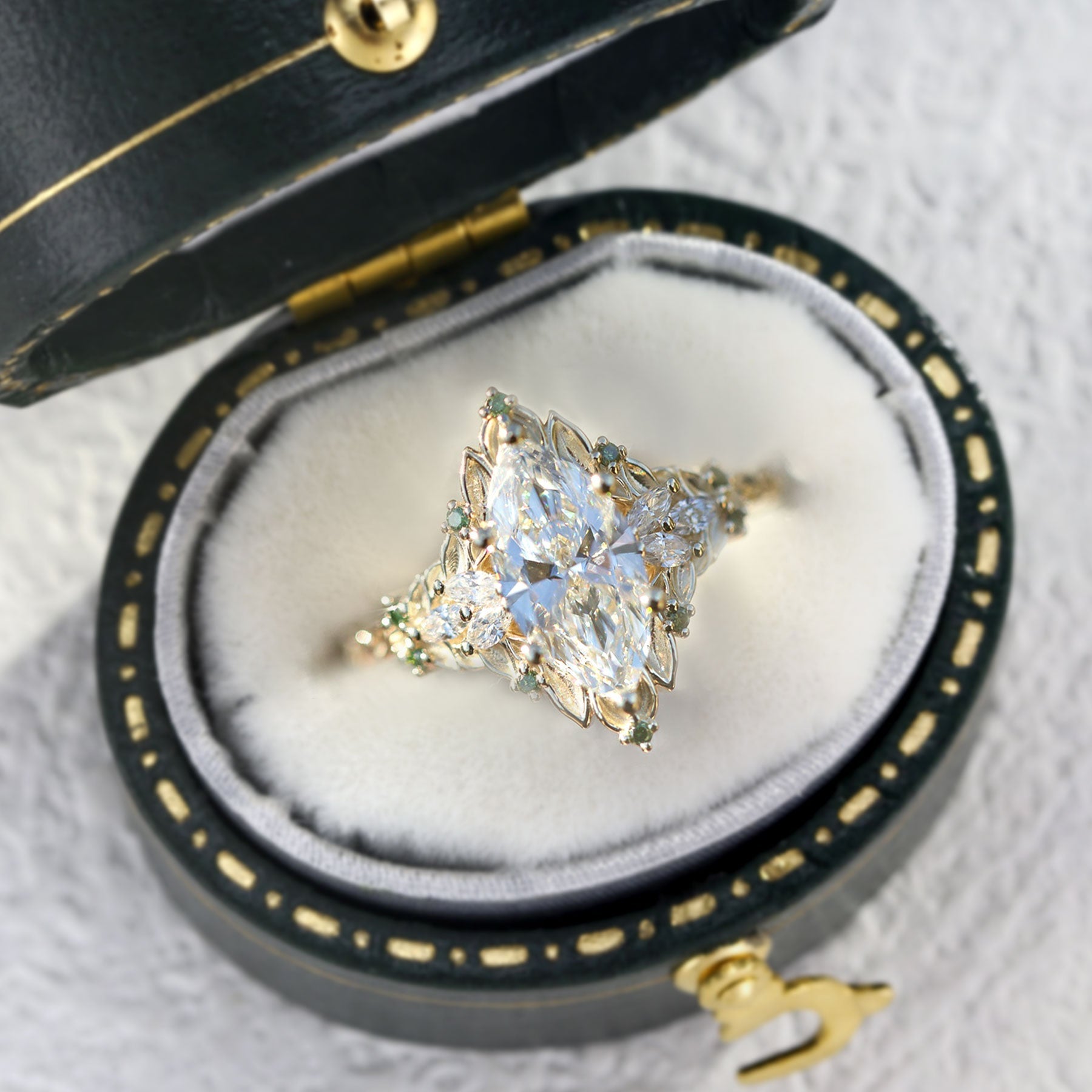 Unique Briar Rose Starlight Marquise Moissanite and Green Lab Sapphire Ring - Oore Jewelry