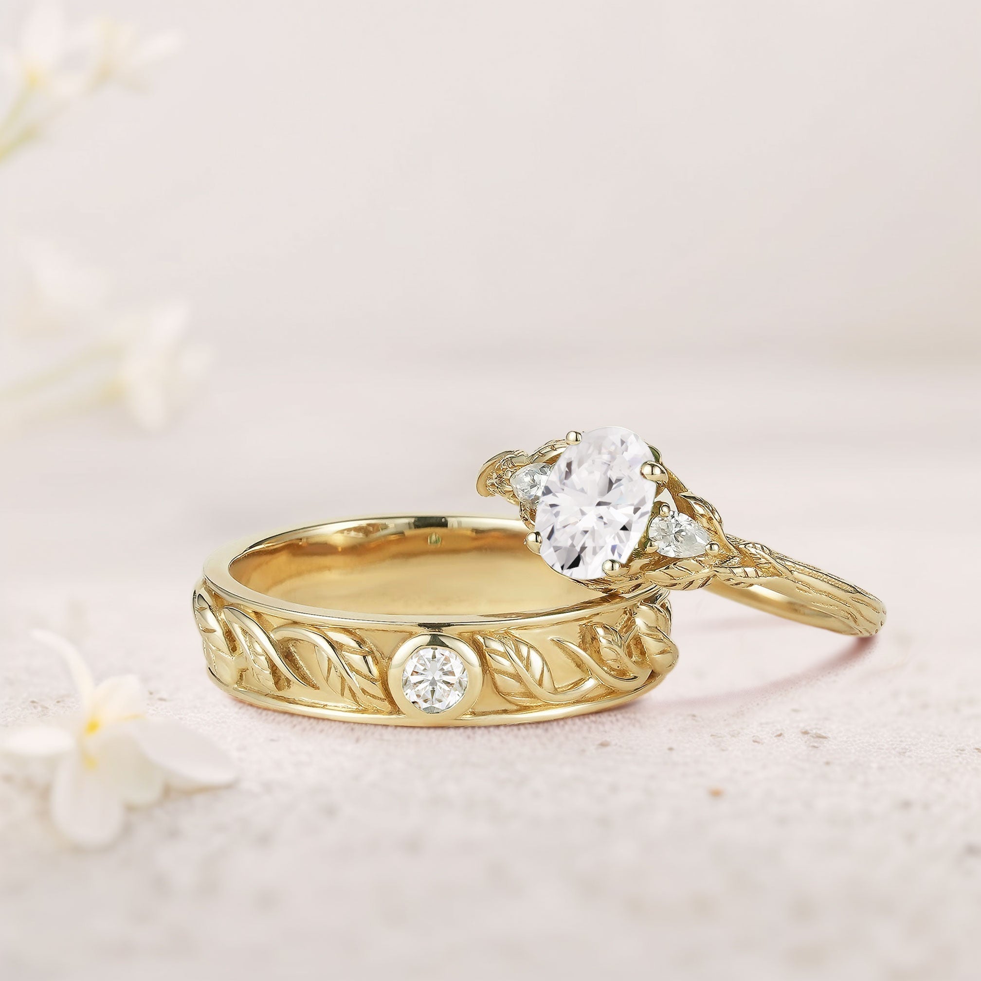 Unique Leaf Design Oval Moissanite Wedding Ring Promise Ring for Couples - Oore Jewelry