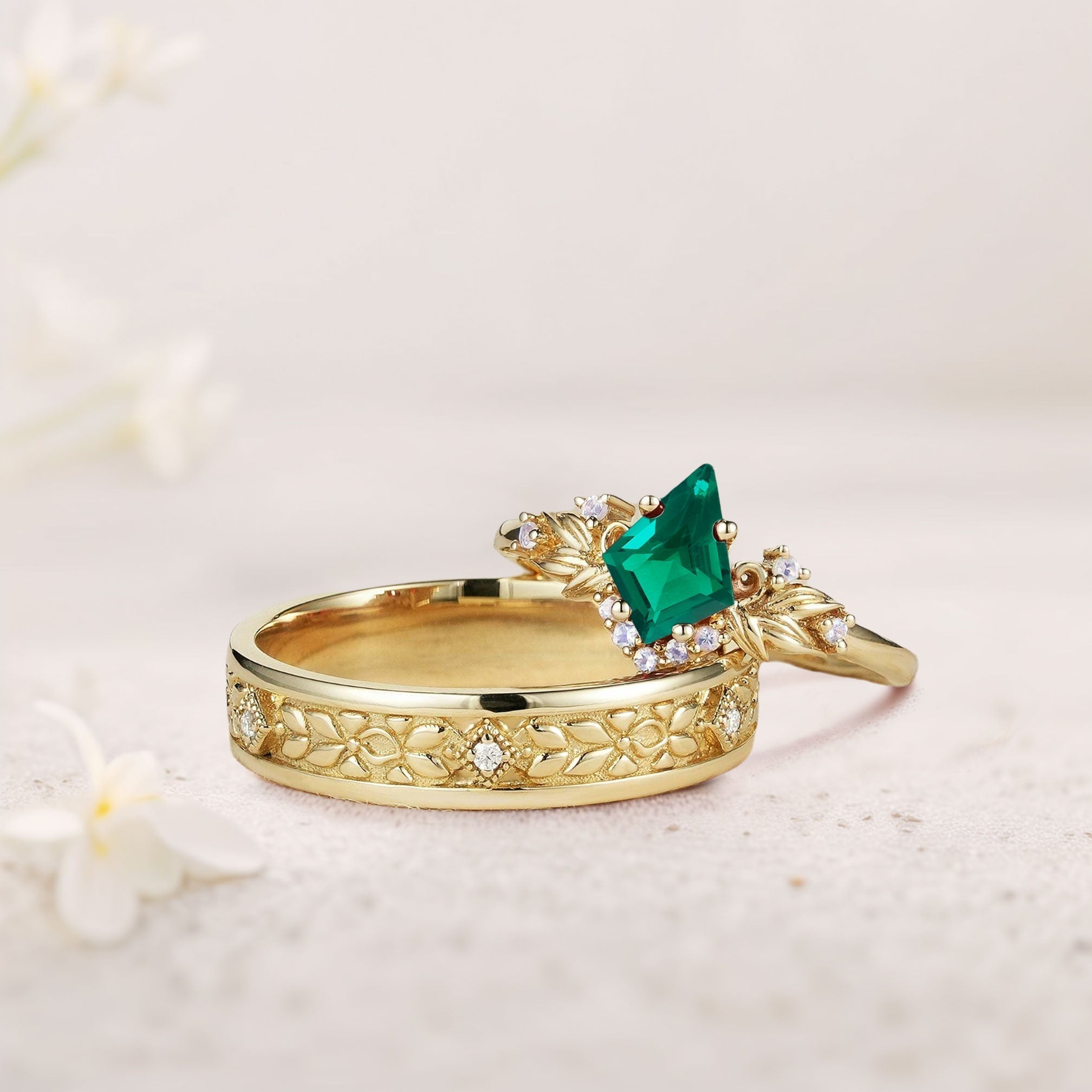 Vintage Kite Lab Emerald Promise Ring Engagement Ring Set for Couples - Oore Jewelry