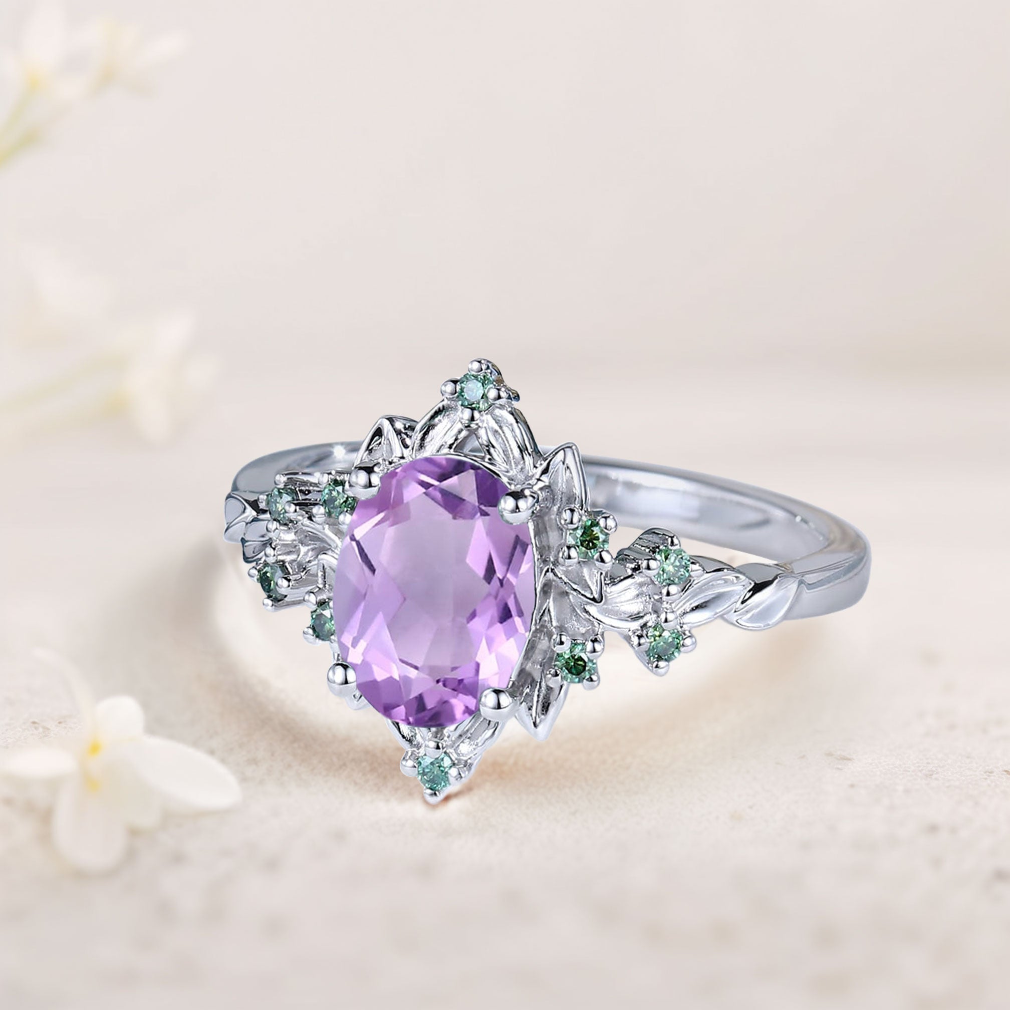 Vintage Briar Rose Halo Oval Amethyst Engagement Ring Olive Leaves Ring - Oore Jewelry