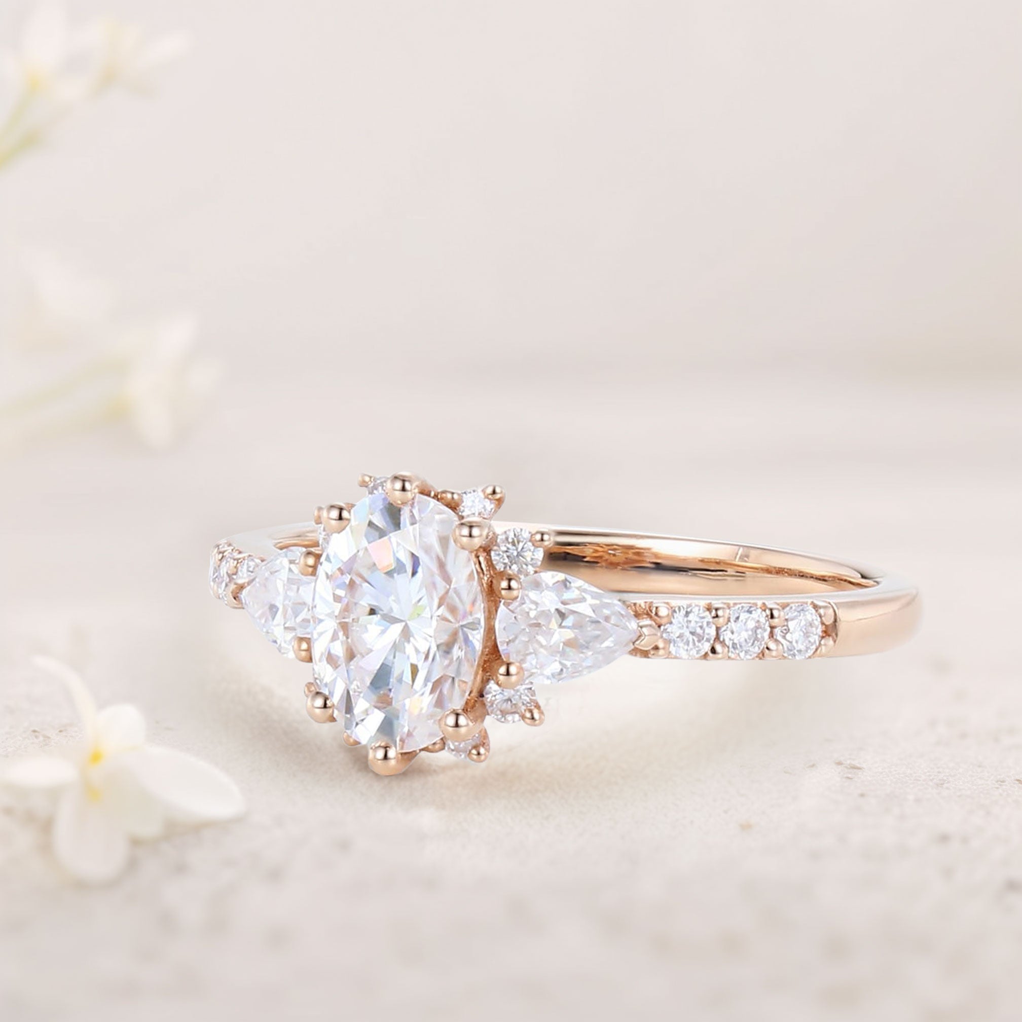Unique Halo Oval Moissanite Engagement Ring Bridal Ring - Oore Jewelry