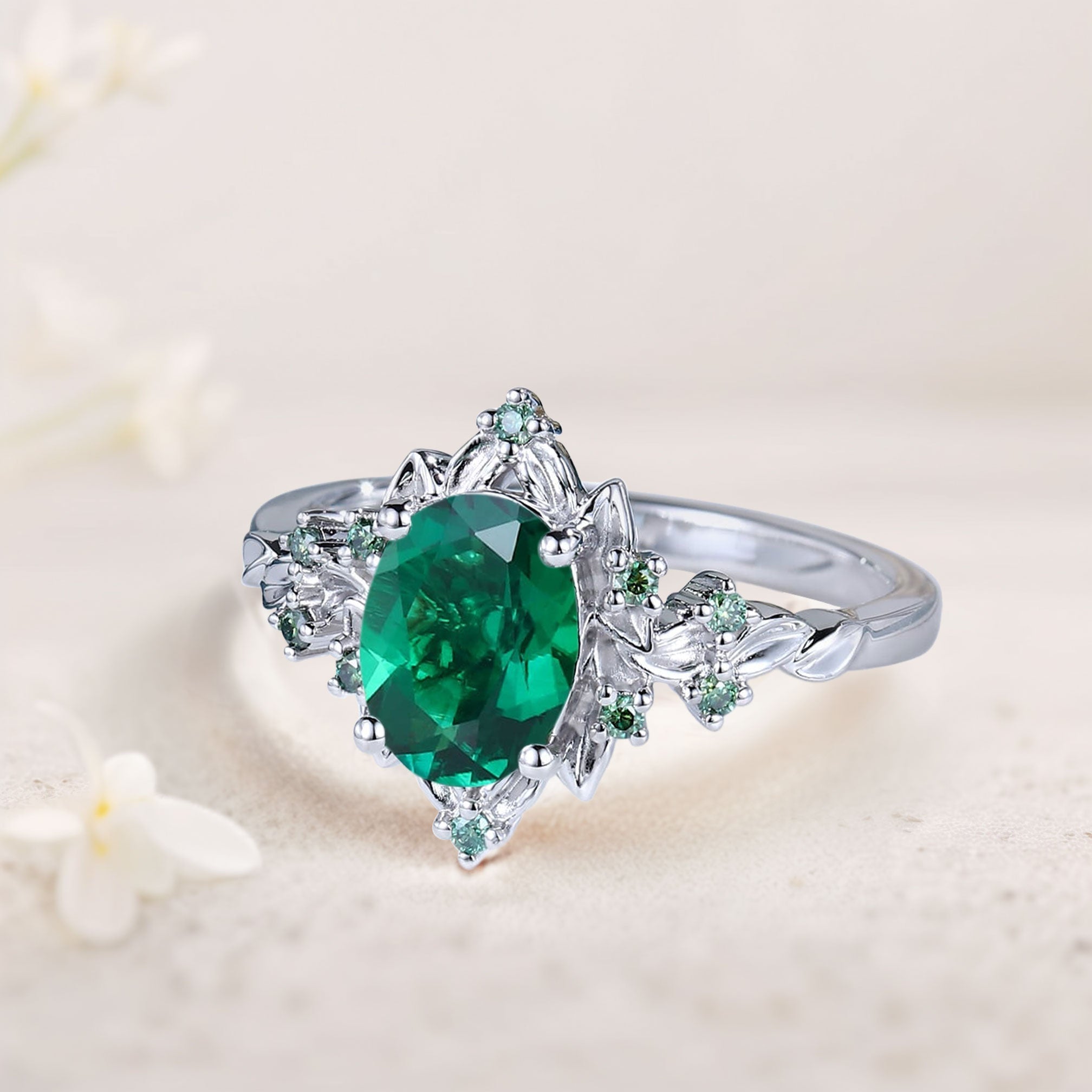 Vintage Briar Rose Halo Oval Lab Emerald Engagement Ring Olive Leaves Ring - Oore Jewelry