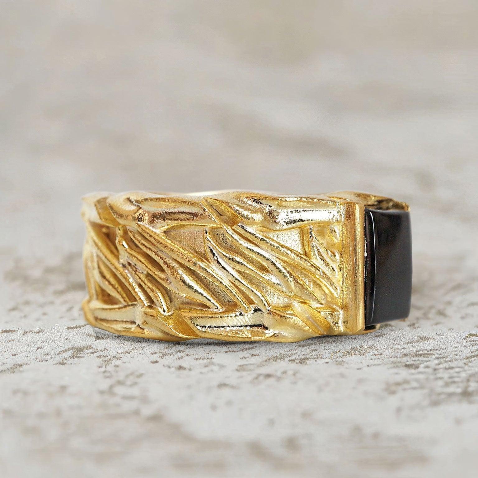 Unique Byzantine Rectangle Lab Black Onyx Ring Band For Men - Oore Jewelry