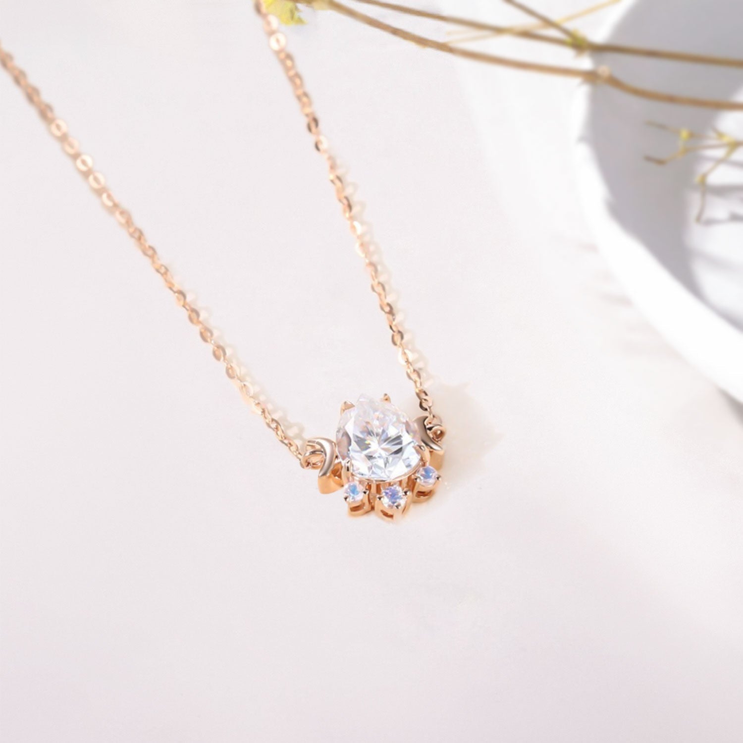 Classic Accented Art Deco Pear Moissanite and Moonstone Pendant Necklace - Oore Jewelry