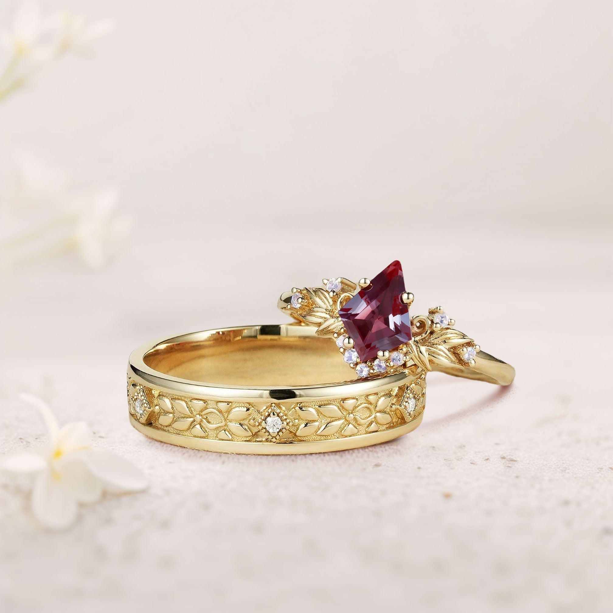 Vintage Kite Lab Alexandrite Promise Ring Engagement Ring Set for Couples - Oore Jewelry