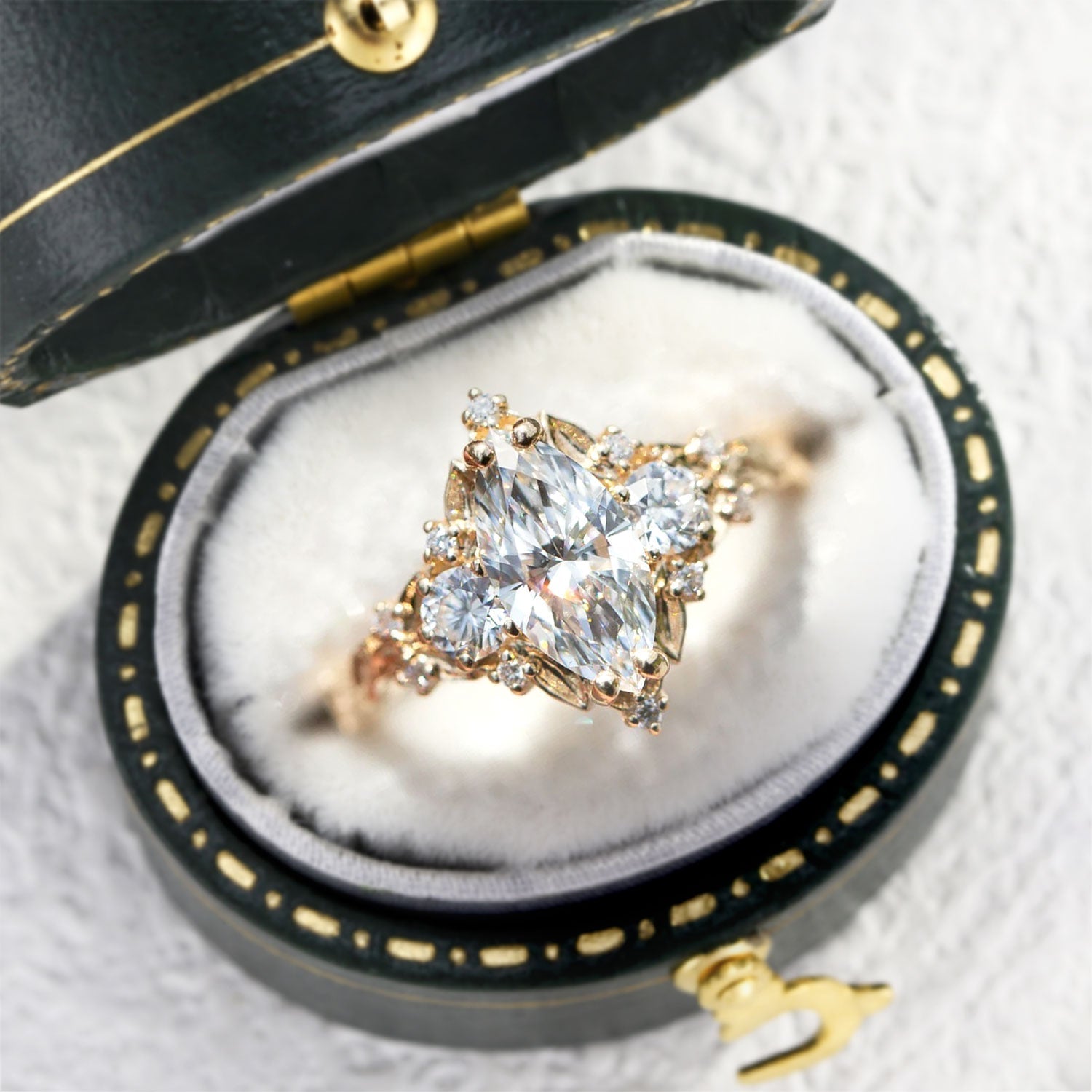 Unique Briar Rose Three Stone Marquise Moissanite Engagement Ring - Oore Jewelry