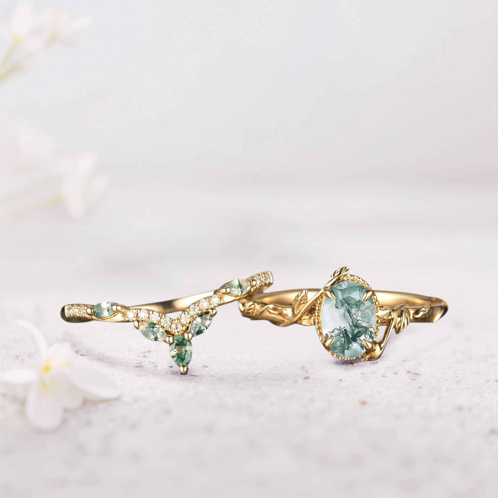 Unique Oval Moss Agate Twig Wedding Ring Set Bridal Ring Set - Oore Jewelry