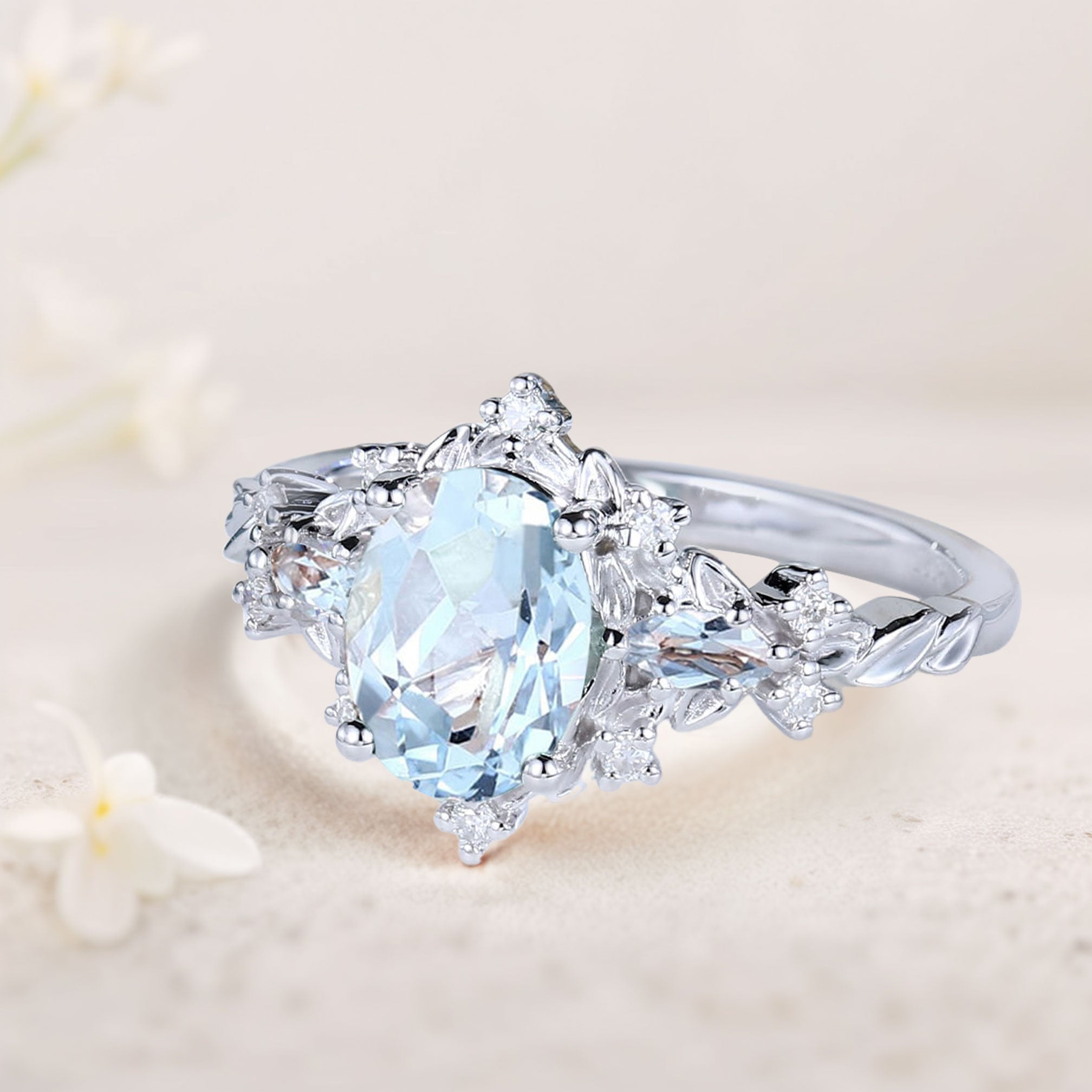 Vintage Briar Rose Oval Lab Aquamarine Engagement Ring Vine Ring - Oore Jewelry