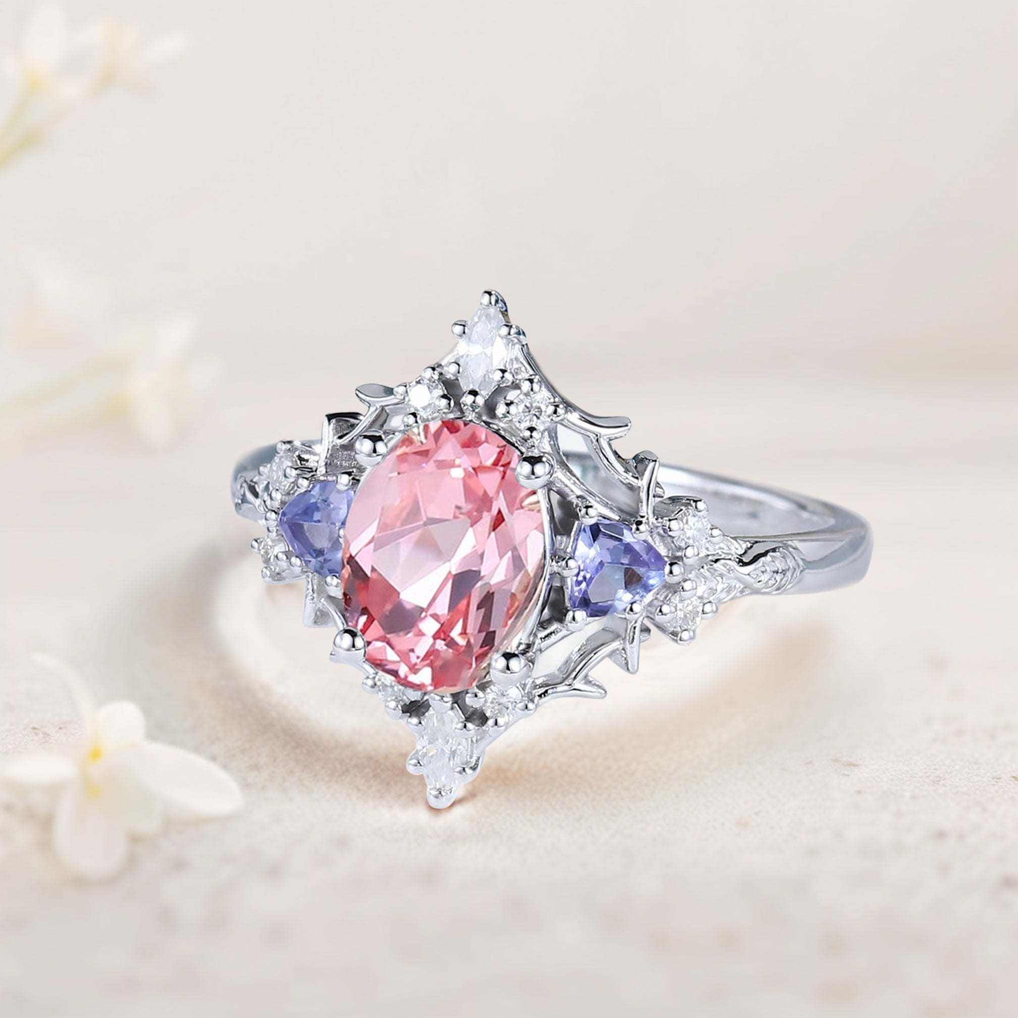 Vintage Briar Rose Oval Pink Lab Padparadscha Engagement Ring Filigree Ring - Oore Jewelry