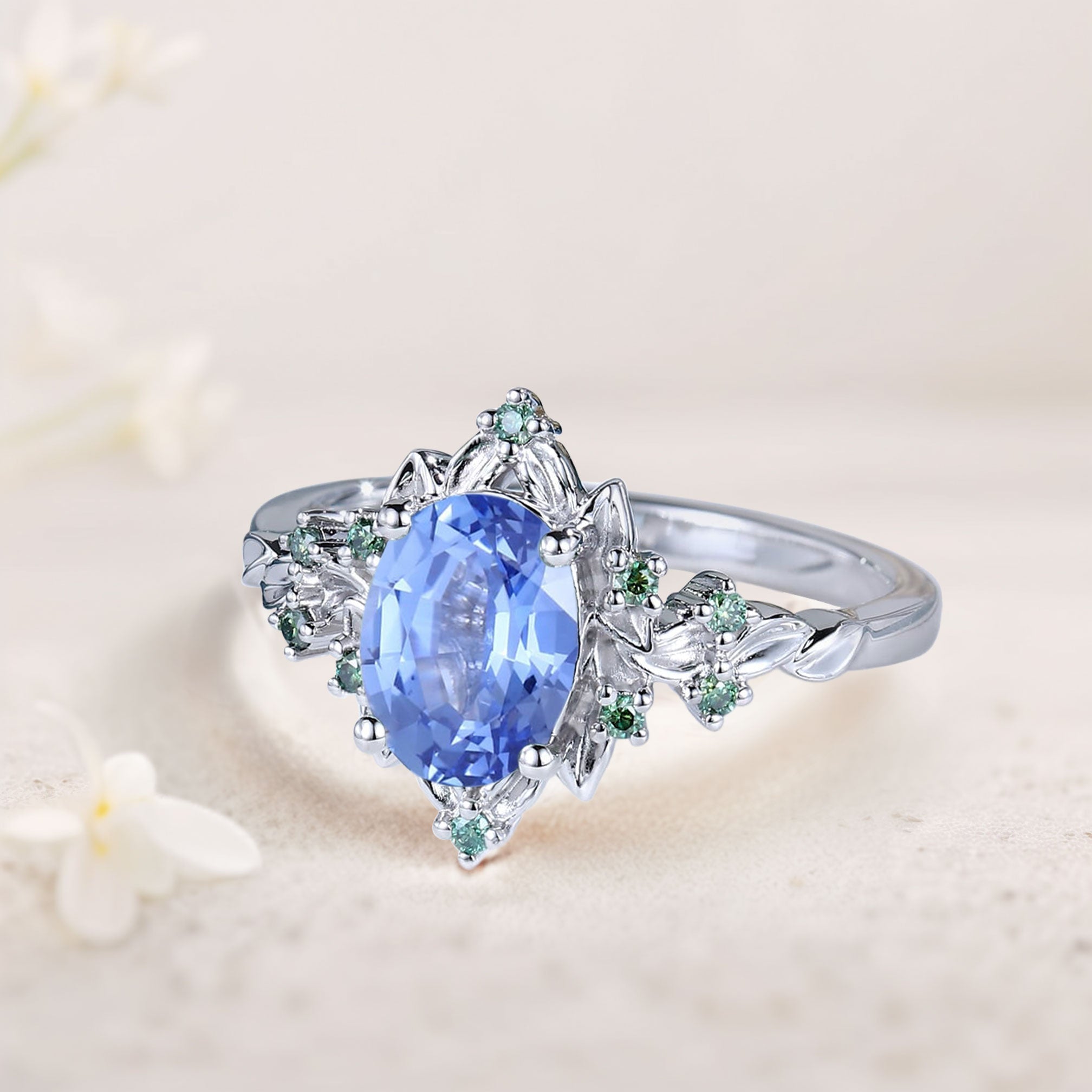Vintage Briar Rose Oval Lab Sapphire Engagement Ring Olive Leaves Ring - Oore Jewelry