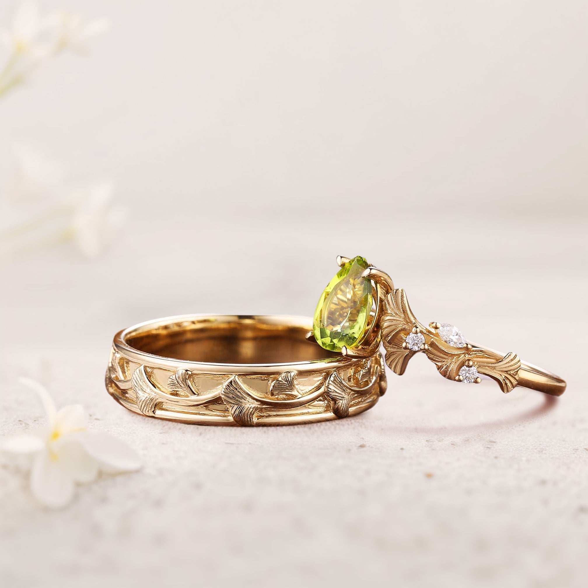 Unique Pear Citrine Couple Promise Engagement Ring Wedding Ring Set - Oore Jewelry