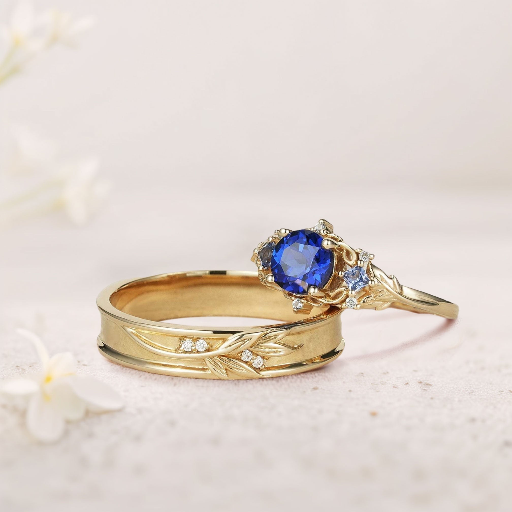 Unique Round Lab Sapphire Promise Ring Engagement Ring Set for Couples - Oore Jewelry