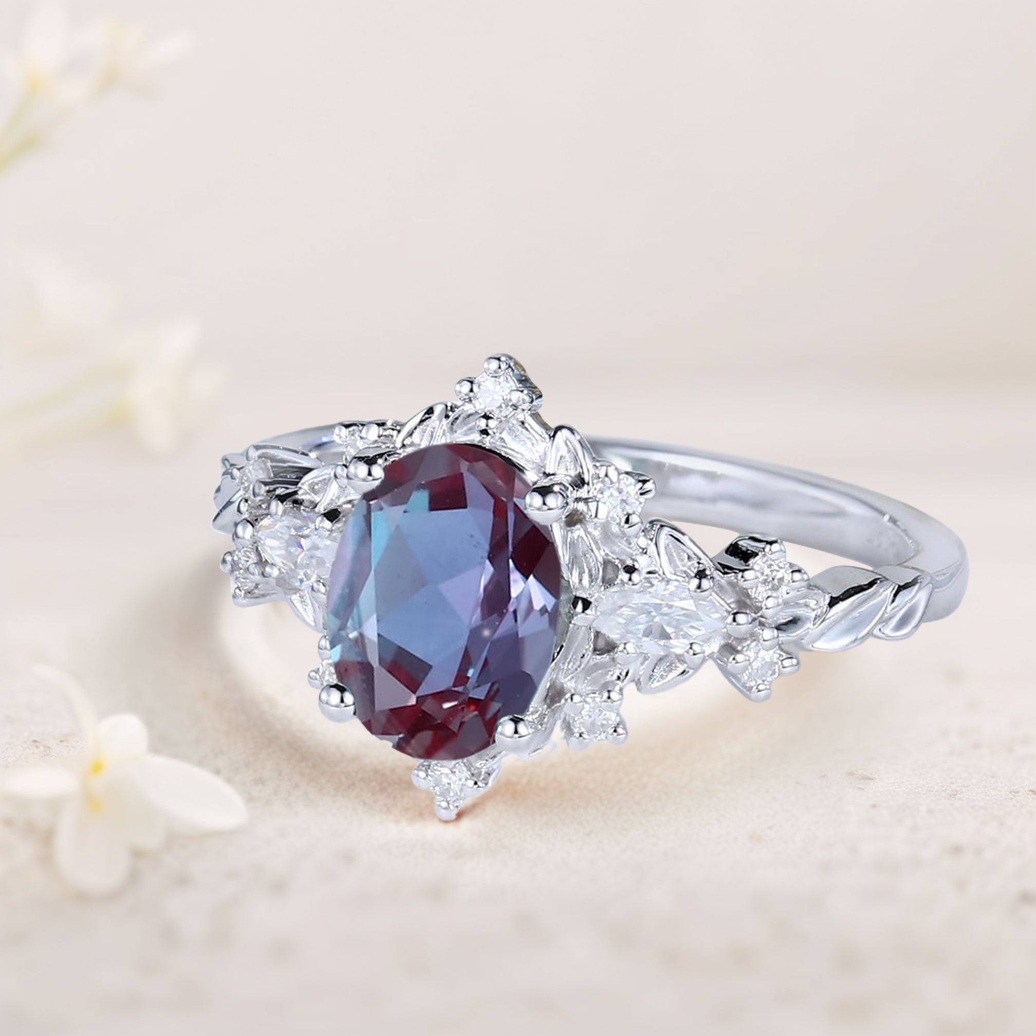 Vintage Briar Rose Oval Lab Alexandrite Engagement Ring Vine Ring - Oore Jewelry