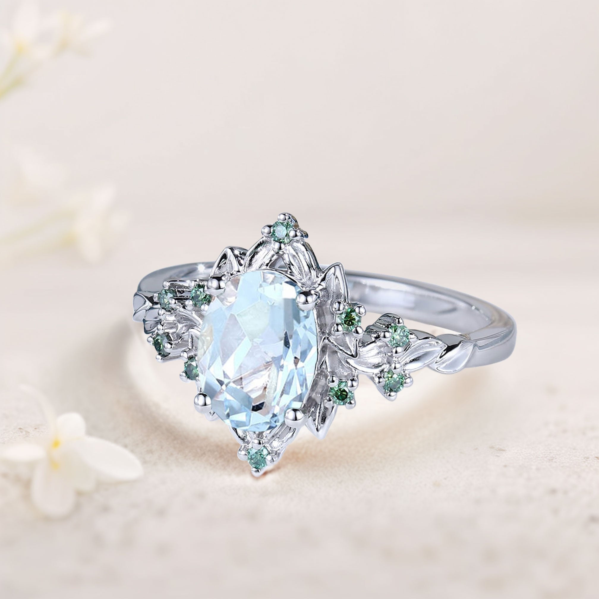 Vintage Briar Rose Oval Lab Aquamarine Engagement Ring Olive Leaves Ring - Oore Jewelry