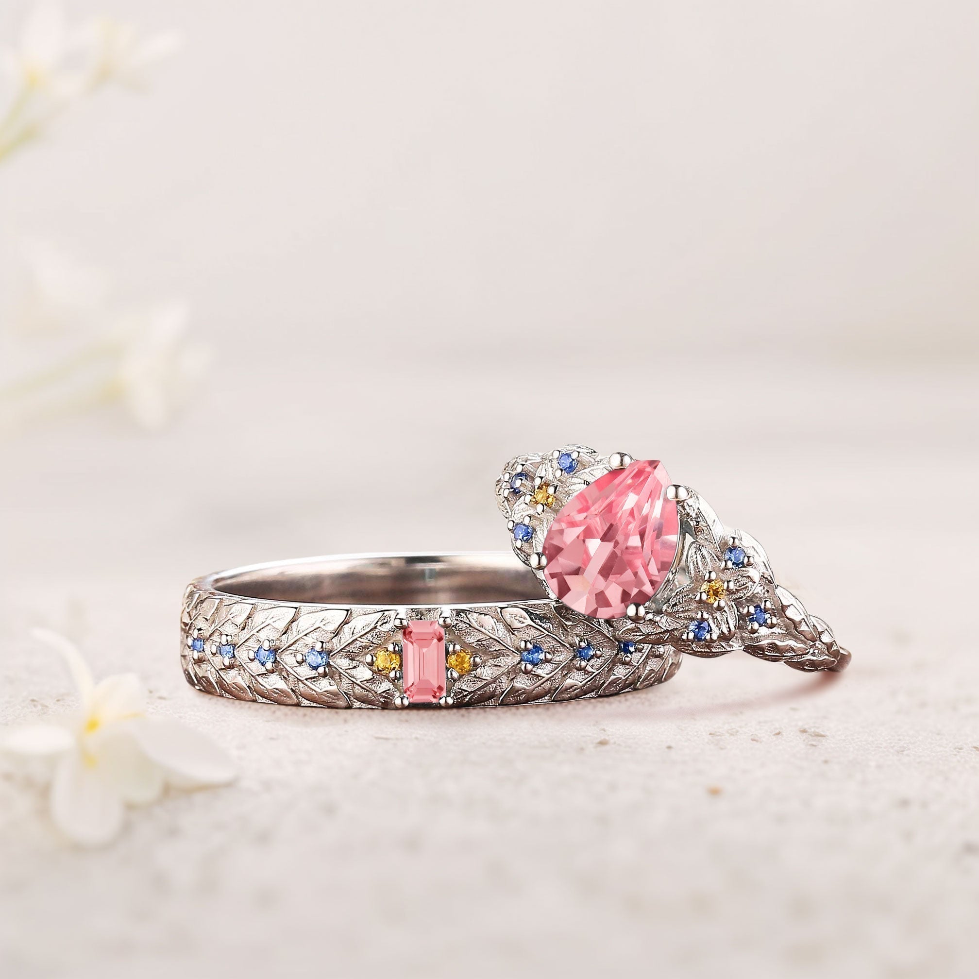 Unique Pear Lab Padparadscha His and Hers Matching Wedding Ring Set - Oore Jewelry
