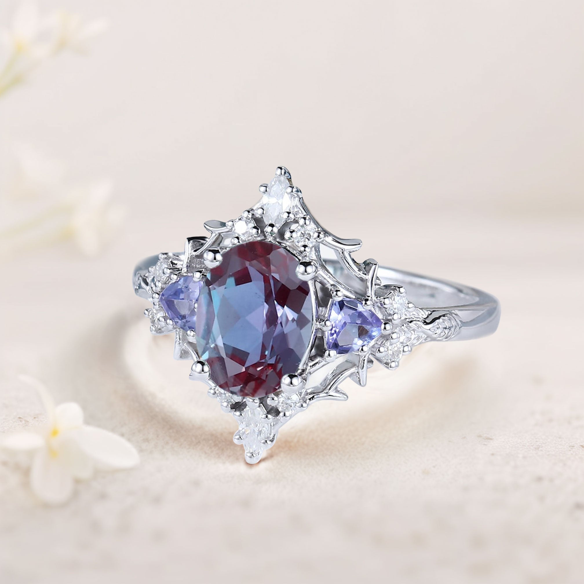 Vintage Briar Rose Oval Lab Alexandrite Engagement Ring Filigree Ring - Oore Jewelry