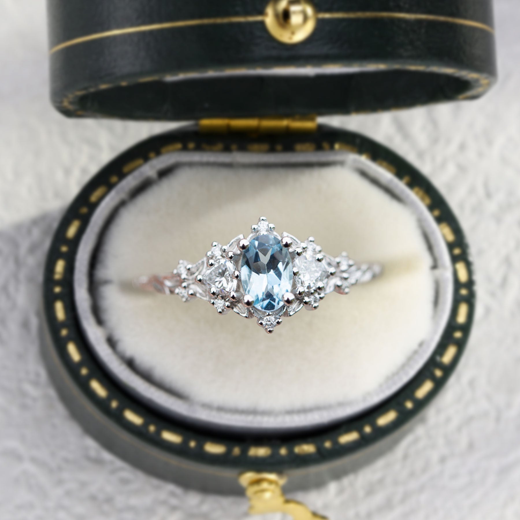 Unique Briar Rose Three Stone Oval Lab Aquamarine Ring - Oore Jewelry