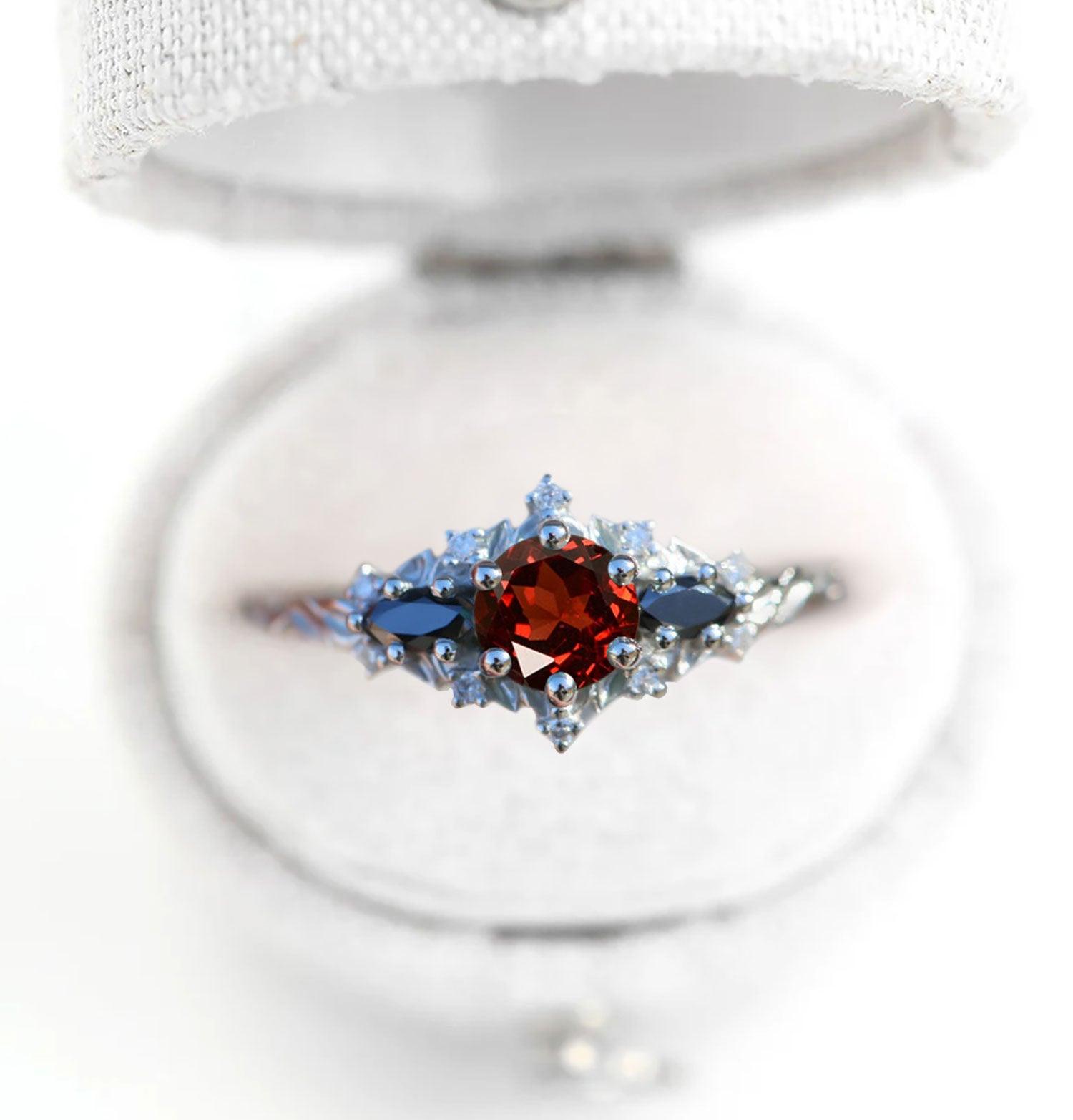 Unique Briar Rose Round Lab Garnet and Black Moissanite Ring - Oore Jewelry