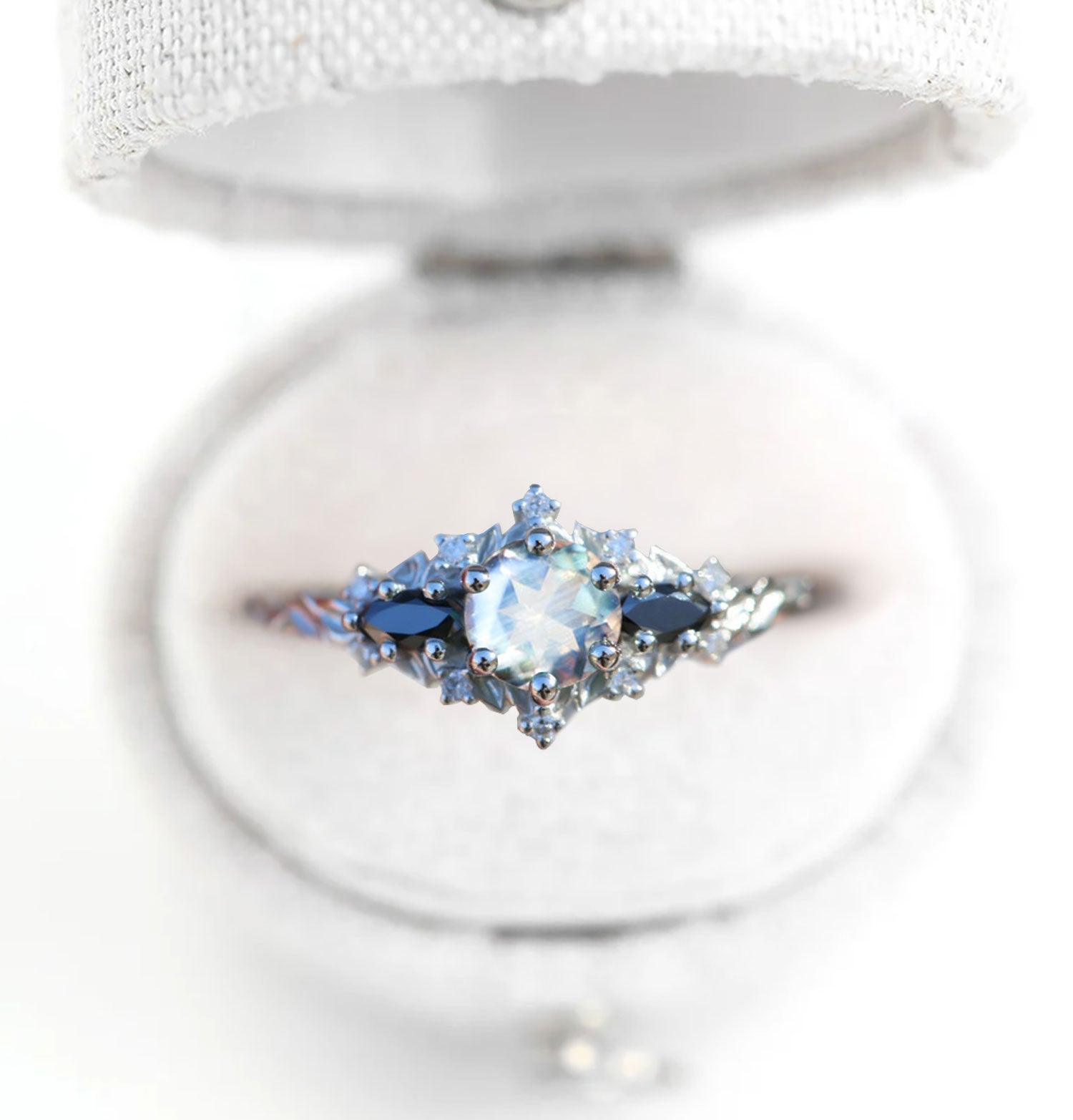 Unique Briar Rose Round Lab Moonstone and Black Moissanite Ring - Oore Jewelry