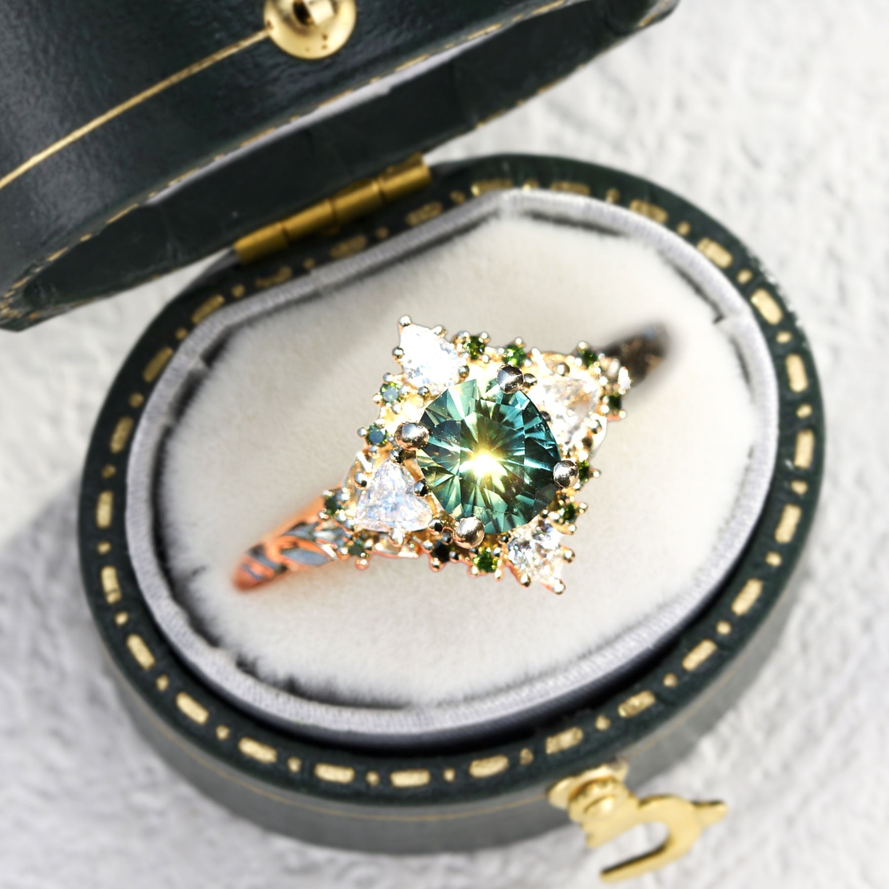 Unique floral engagement rings Enchanted Briar Round Teal Moissanite Ring - Oore Jewelry