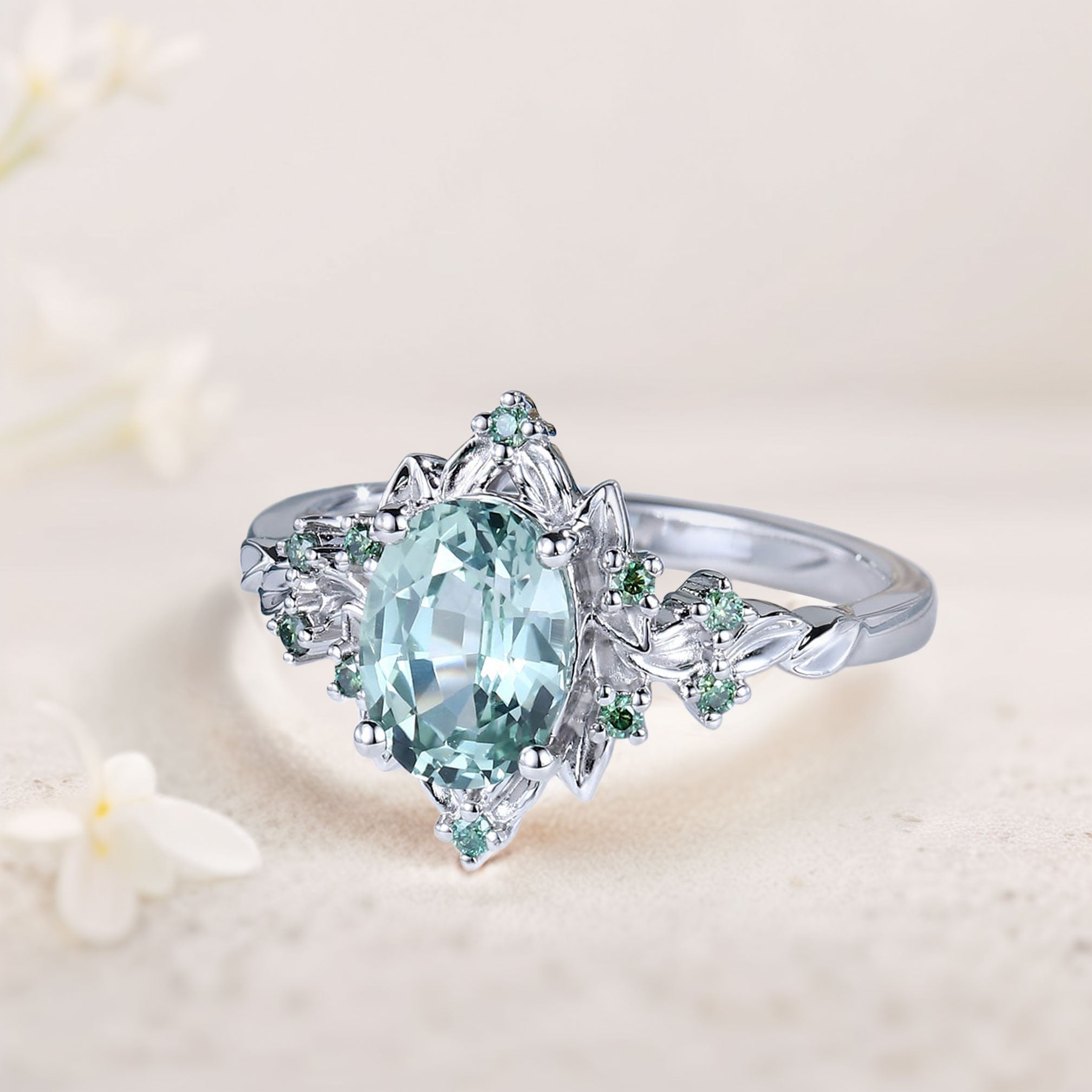 Vintage Briar Rose Oval Green Lab Sapphire Engagement Ring Olive Leaves Ring - Oore Jewelry
