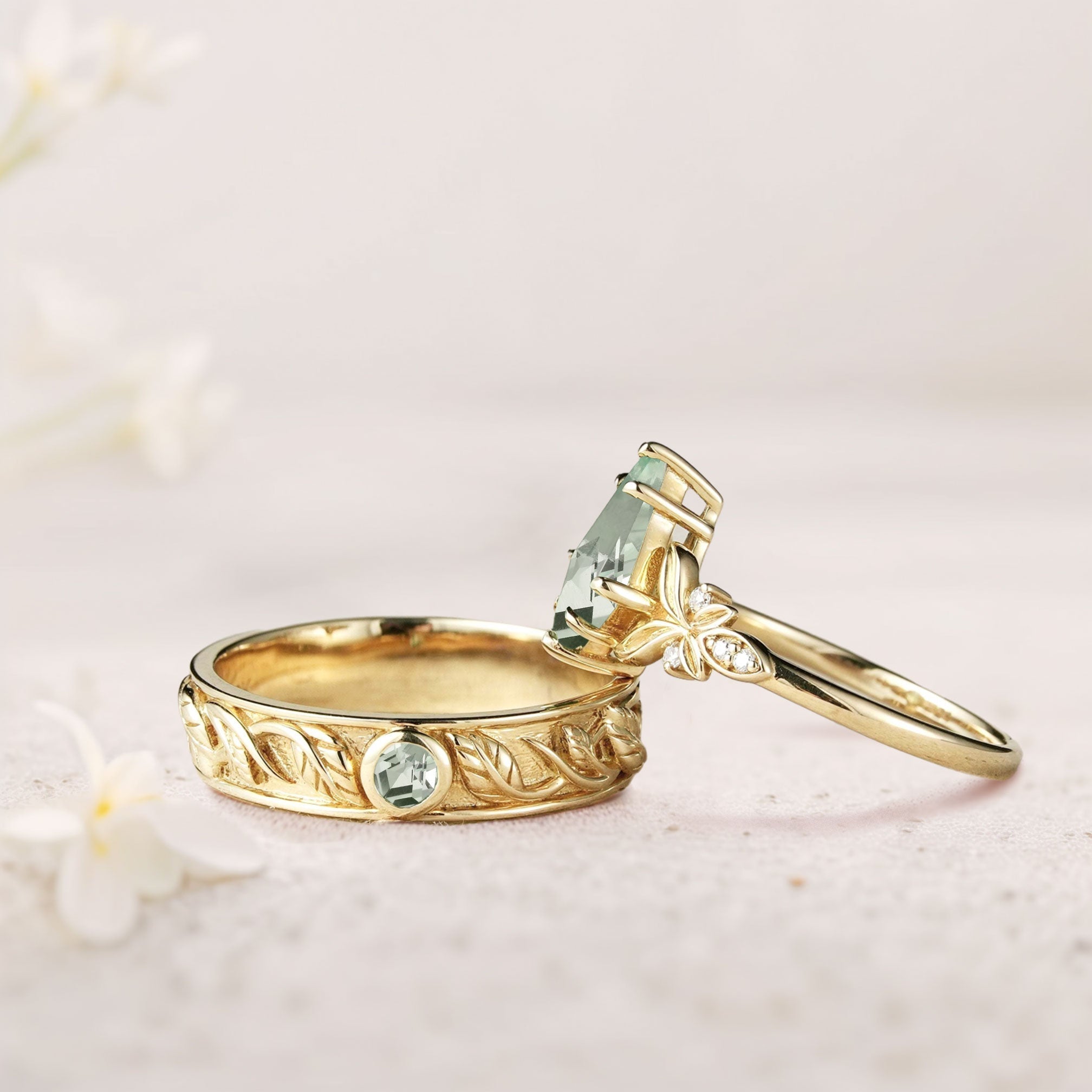 Unique Kite Green Lab Sapphire Promise Engagement Ring Wedding Ring Set For Couples - Oore Jewelry